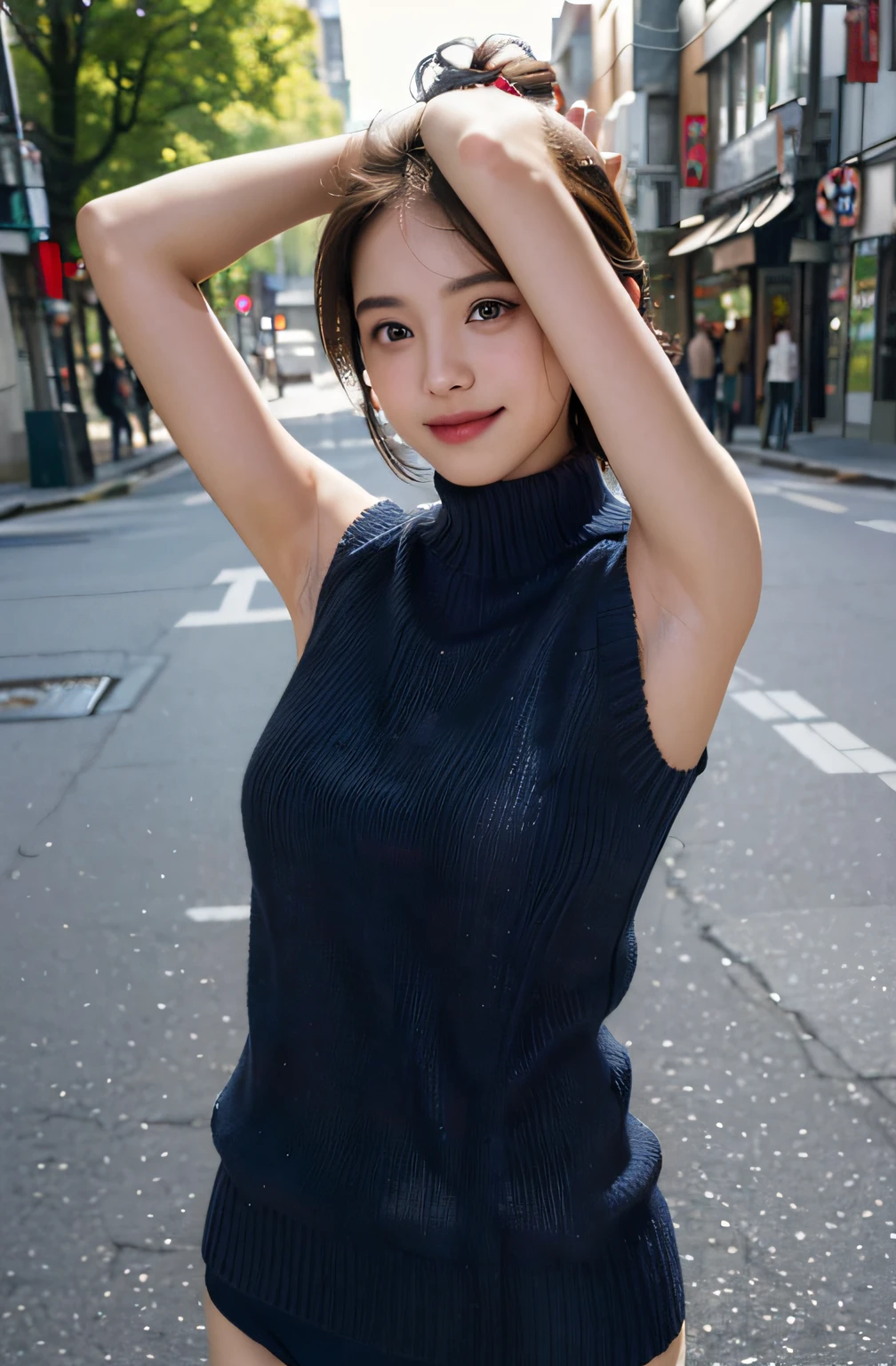 (Show underarms、A hyper-realistic、Armpit、Detailed armpit wrinkles、Detailed armpit pores、Realistic armpit skin、Black armpit skin、Black armpits、showing your whole body、White T-back shorts、Stand in the city、In town、in a street), (illustratio), (hight resolution), (8K), (ighly detailed), (The best illustrations), (armpit pose、beatiful detailed eyes), (top-quality), (ultra-detailliert), (​masterpiece), (wall-paper), (详细的脸), (A smile、((13 year old girl,Show realistic armpits))、Brown hair,short-hair,((Girl showing underarms in dark blue sleeveless sweater and T-back panties, japanes,