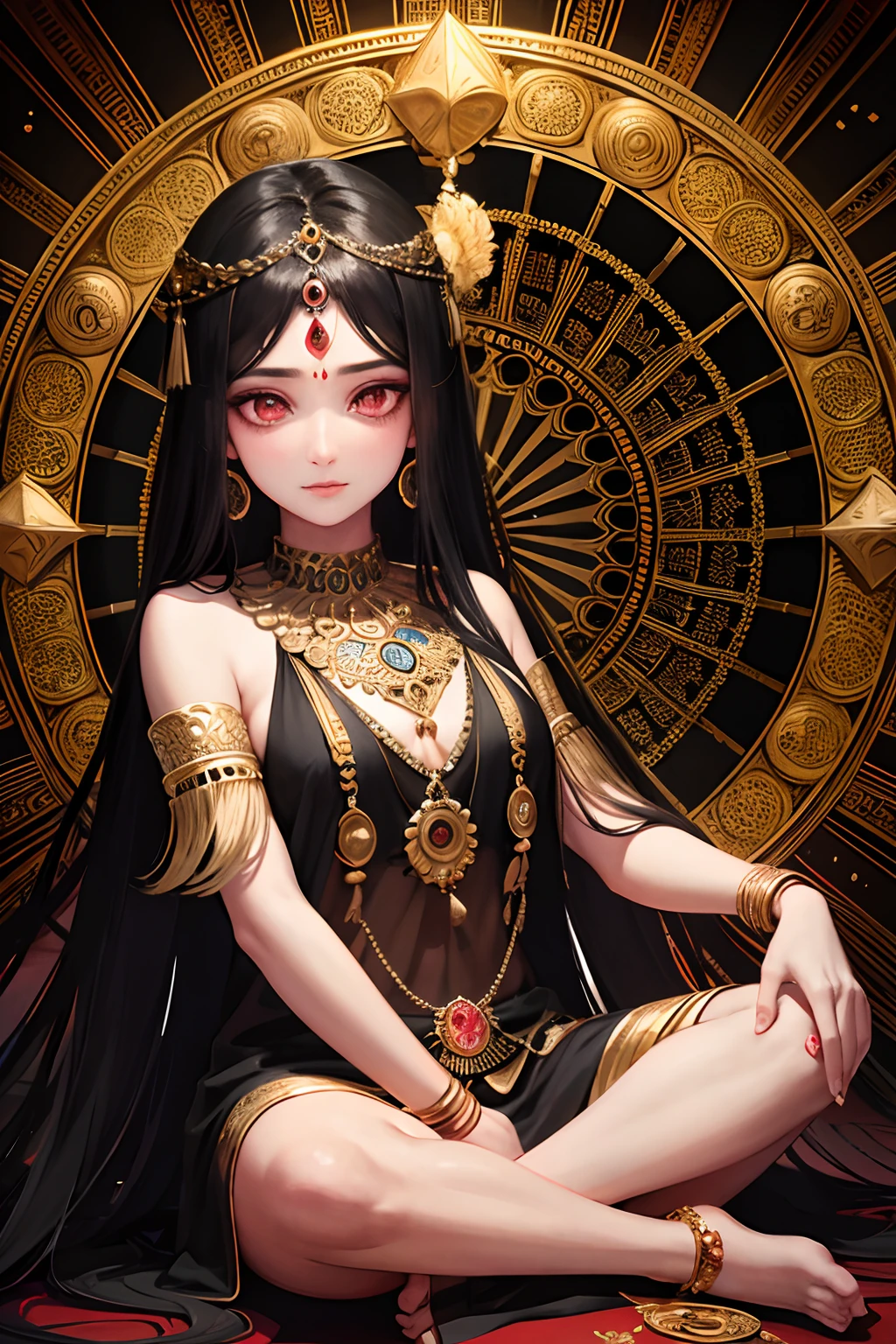 Hindu mythology，goddes，indian style，Long black hair，blackigeyes（tmasterpiece，top Quority，best qualtiy，offcial art，Beauty and aesthetics：1.2），（1girl），Extremely detailed，（s fractal art：1.3），extremely colorful，Most detailed