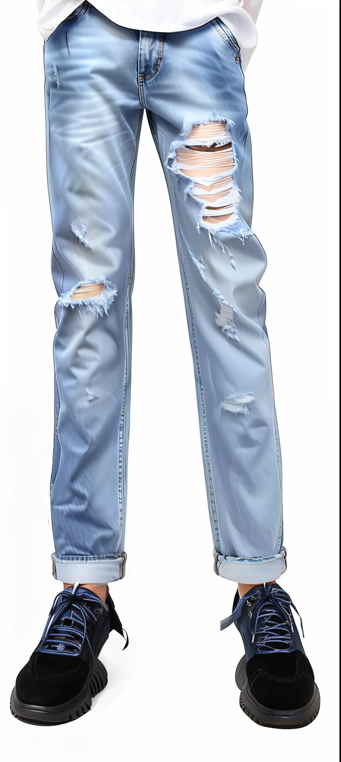 Arafard image of a man in a white shirt and blue jeans, Jeans, Denim, detailed fashion illustration, Blue jeans, Denim Jeans Pants, jeans pants, ( ( ( Wearing jeans ) ) ), Wearing jeans, baggy jeans, high detail illustration, denim pant, ripped jeans, full body close-up shot, illustration sharp detail, shimmer detailed