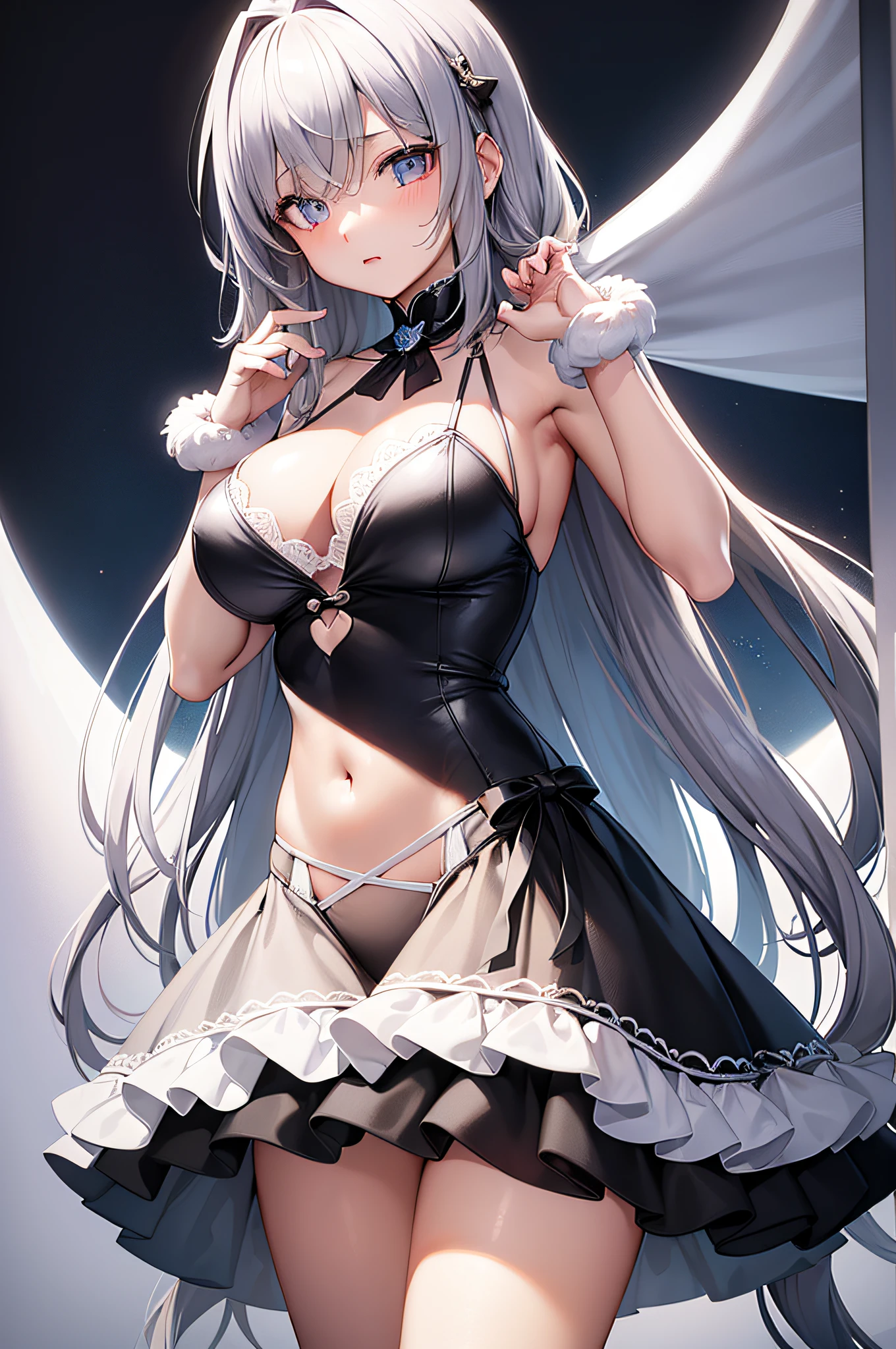 (tmasterpiece),(best qualtiy),(ultra - detailed),(Ultra photo realsisim),(best character detail:1.36),physically-based renderingt,Bangs cover the left eye,Dull hair,Tie up your hair,dual horsetail,Shy girl,Lolie breasts cleavage,white swimwear,cuteexpression,Place your hands on your chest