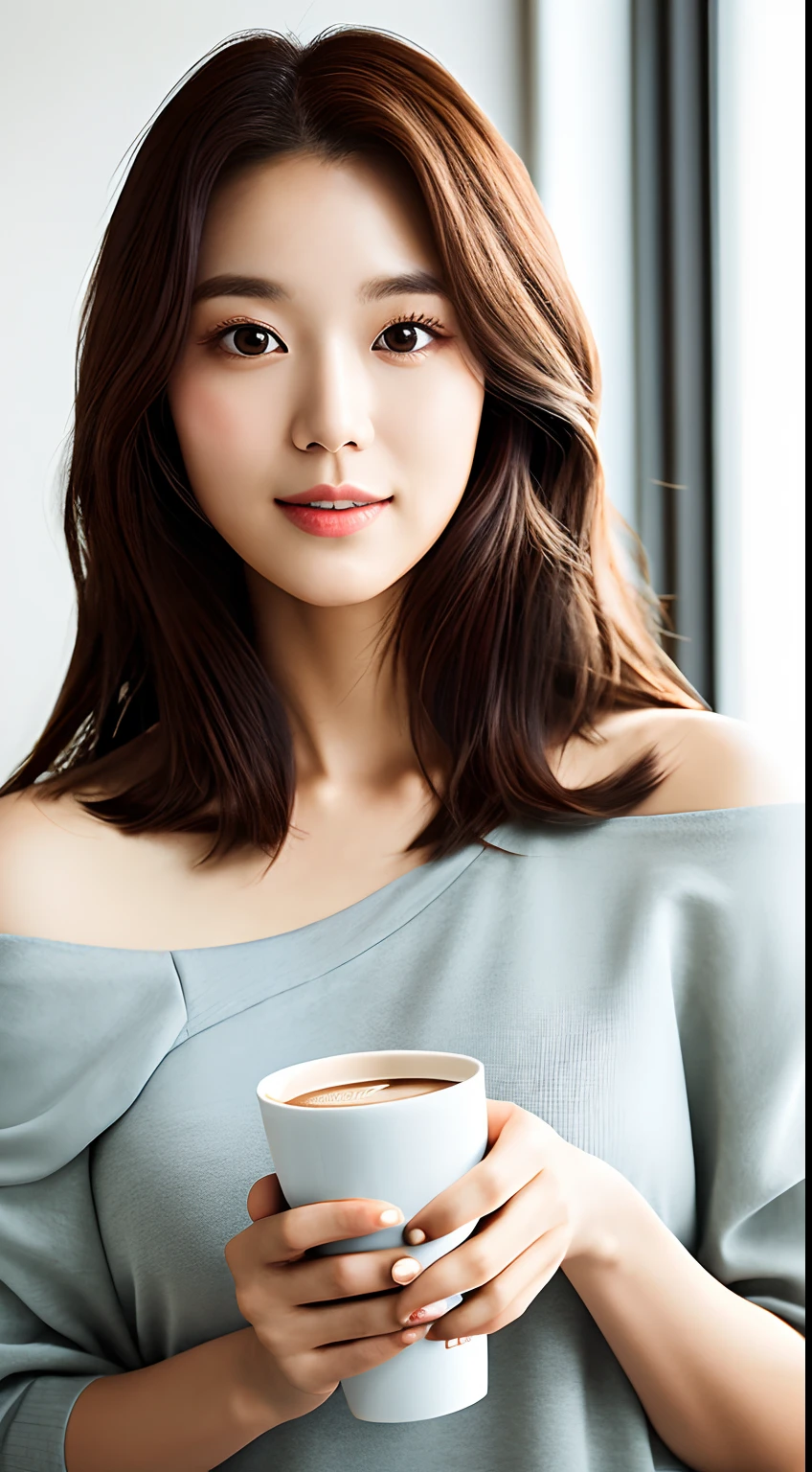 realistic photos of (1 cute Korean star) shoulder-length hair, Thin makeup, medium breasts size, Camisole, hand holding cup of coffee, Canon EOS clear facial features, 8K High Resolution, sharp and realistic details.