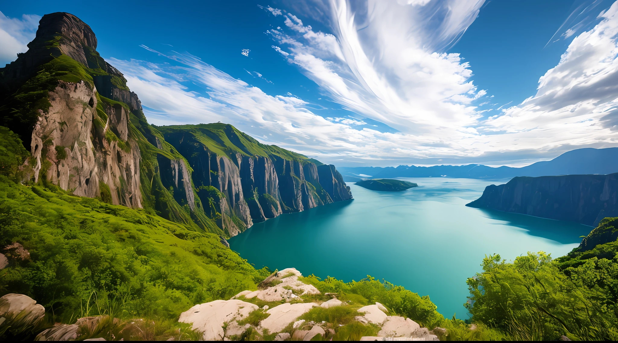Masterpiece, ultimate quality, Cg unity 8k wallpaper, super delicate, beautiful sky and clouds, rich natural scenery, cliffs, lakes and rivers, waterfalls and flying water, beautiful green mountains, no trace of people, excellent scenery, has already won a photo contest, background Blurring, full depth of field, HDR high dynamics, true restoration, intricate, extreme details, dramatic presentation, perfectly presenting the style of midjourney art.