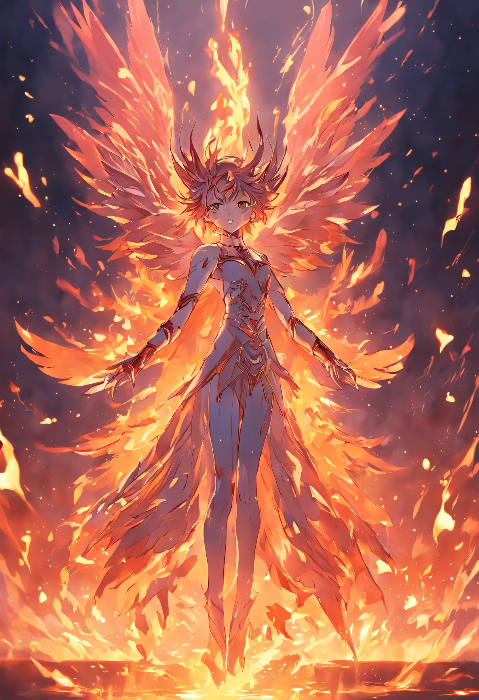 （Fire Phoenix），（The fire outlined the phoenix's body)，The phoenix flaps its wings，(Shining with golden light)，solo,nigth,Multiple silhouettes，First-person elevation angle，super detailing，best qualtiy，tmasterpiece，（8K)，Extremely detailed，Epic artwork