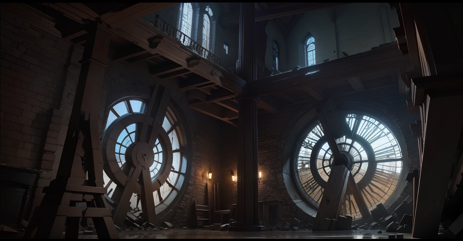 the clock tower,Interior view of the clock tower,Destroyed pillars,Broken wooden pillars,the night,braziers