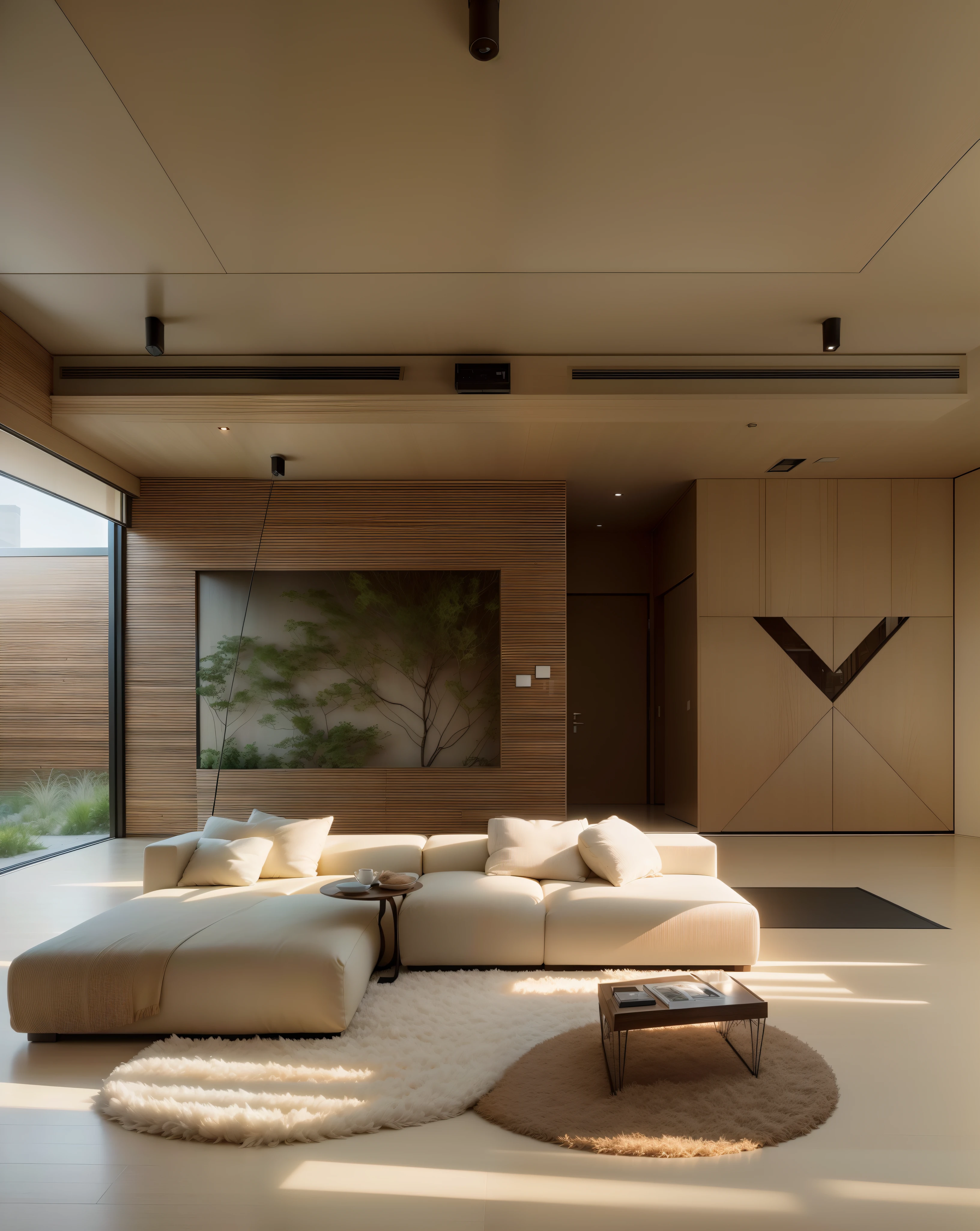 (best quality: 1.2), (masterpiece: 1.2), (realistic: 1.2), soft volumetric lights, (backlight:1.3), (cinematic:1.2), intricate details. living room interior  design by kengo kuma + wes anderson. futuristic, modern garden. wood slats