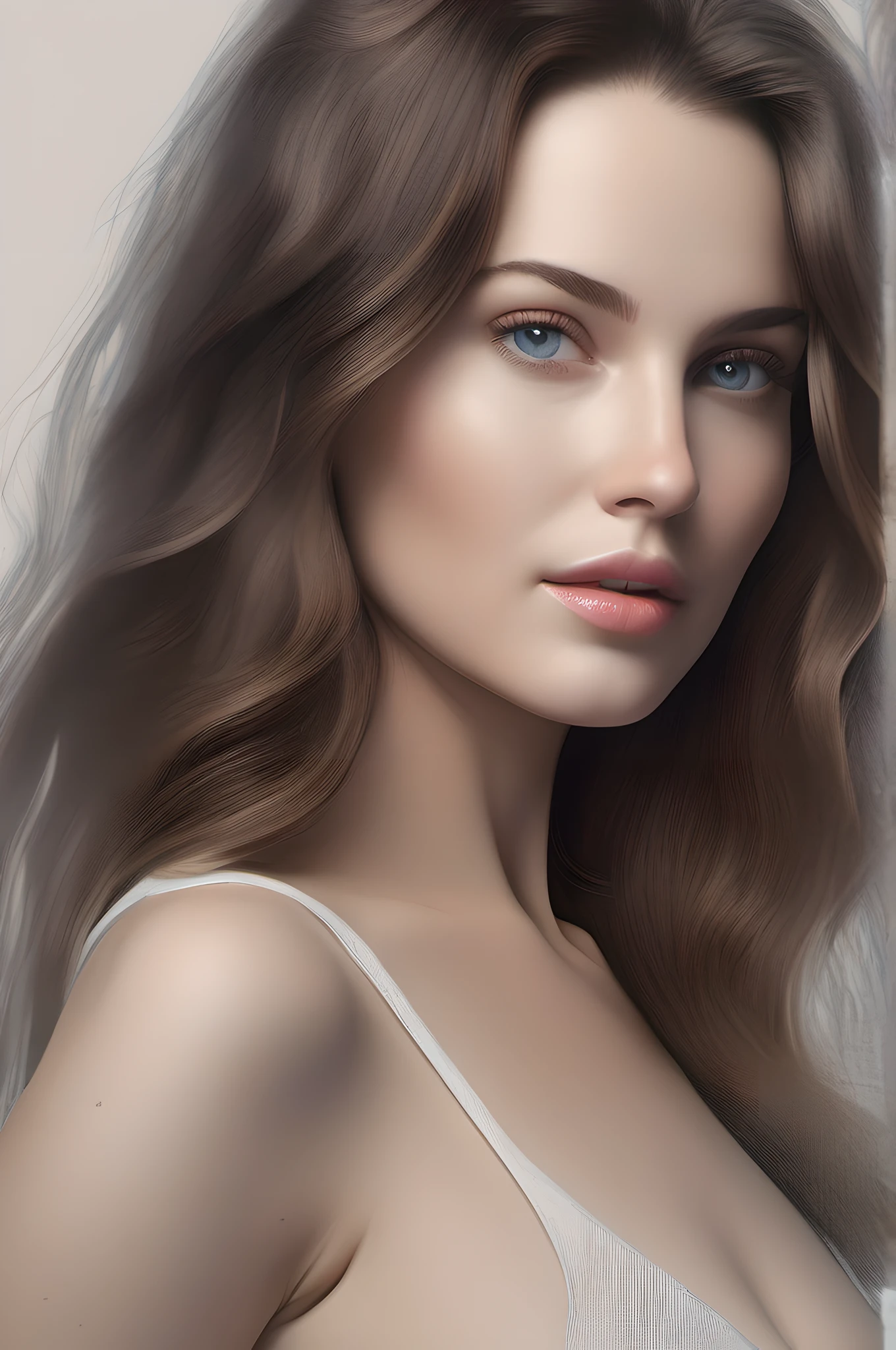 hyper-realistic photo of a beautiful white woman upper body, with long Brunette silky Shade hair, approaching perfection, dynamic, royal landscape, highly detailed, artstation, concept art, smooth, sharp focus, illustration, light smile, stunning realistic photograph , full lips, 3d render, octane render, intricately detailed, cinematic, trending on artstation, Isometric, high definition , cinematic, Rough sketch, mix of bold dark lines and loose lines, bold lines, on paper , full body