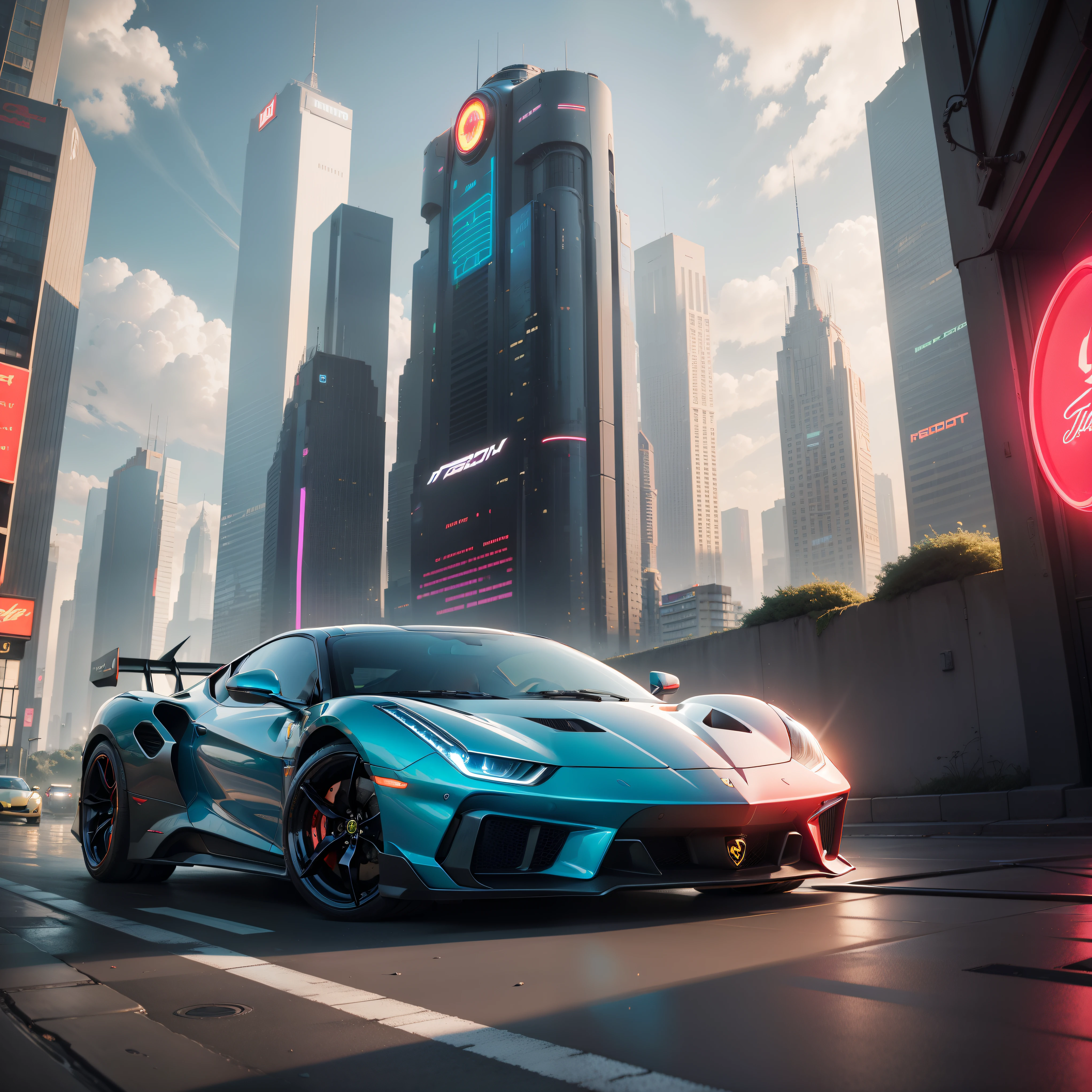 best qualtiy, tmasterpiece, detailedbackground, highly detailed, iintricate, Cyberpunk-city, pathway, cyber punk perssonage, daysies, Clouds, A futuristic, scientific fiction, Automotive Focus, Cool car, (cyberpunk car, Futuristic car:1.2), (neon cars, Neon wheel, neonlight:1.4), (Red Ferrari:1.5), (Blue Ferrari:1.3),(red lights), (The car of the future), (car view front:1.2)