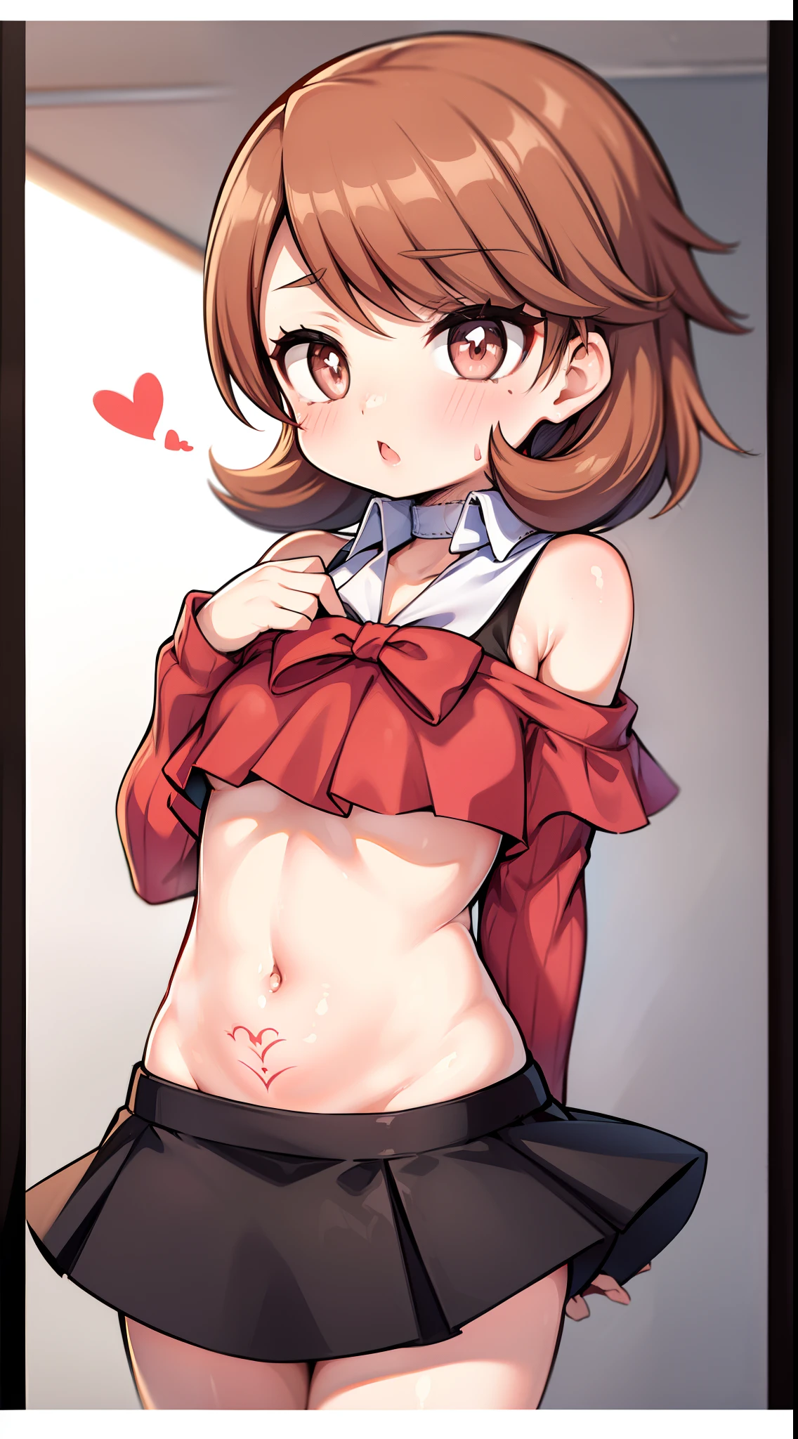 Yukari Takeba ,A white border around a red rectangular background,pink uniform,short skirt,Back view,Bare back,Bare buttocks,sitted,big assa,huge tit,exposing your navel,abdominals tattoo,High detail,ahegao face,Moles under eyes, Heart-shaped pupils,Love pupils,cropped shoulders,Lots of hearts,Fleshy thighs,highly rendered,detailed face with