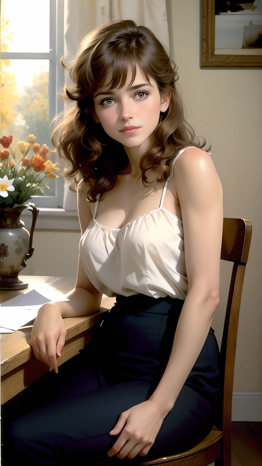 Beautiful and elegant French girl,Twenty-two years old, Actress Sophie Marceau，（The face looks like Sophie Mapuis），Short golden-brown hair，A shallow smile,（Blue affectionate eyes）,（Very detailed and perfect facial depiction）, Sit in the antique study，Side view，looking lovingly at the viewer，A hint of melancholy，Milky white sweater，Black Capri pants，Study desk，vases，hanging lights，The setting sun shines obliquely through the glass windows，Autumn tones,(A variety of flowers:1.1),（light and shadow effect），（Light particle tracing），（vivd colour）,（Obvious layers）,（Photography Award）,（8k wallpaper）,（Masterpiece）,（best qualtiy）, photorealestic，realisticlying