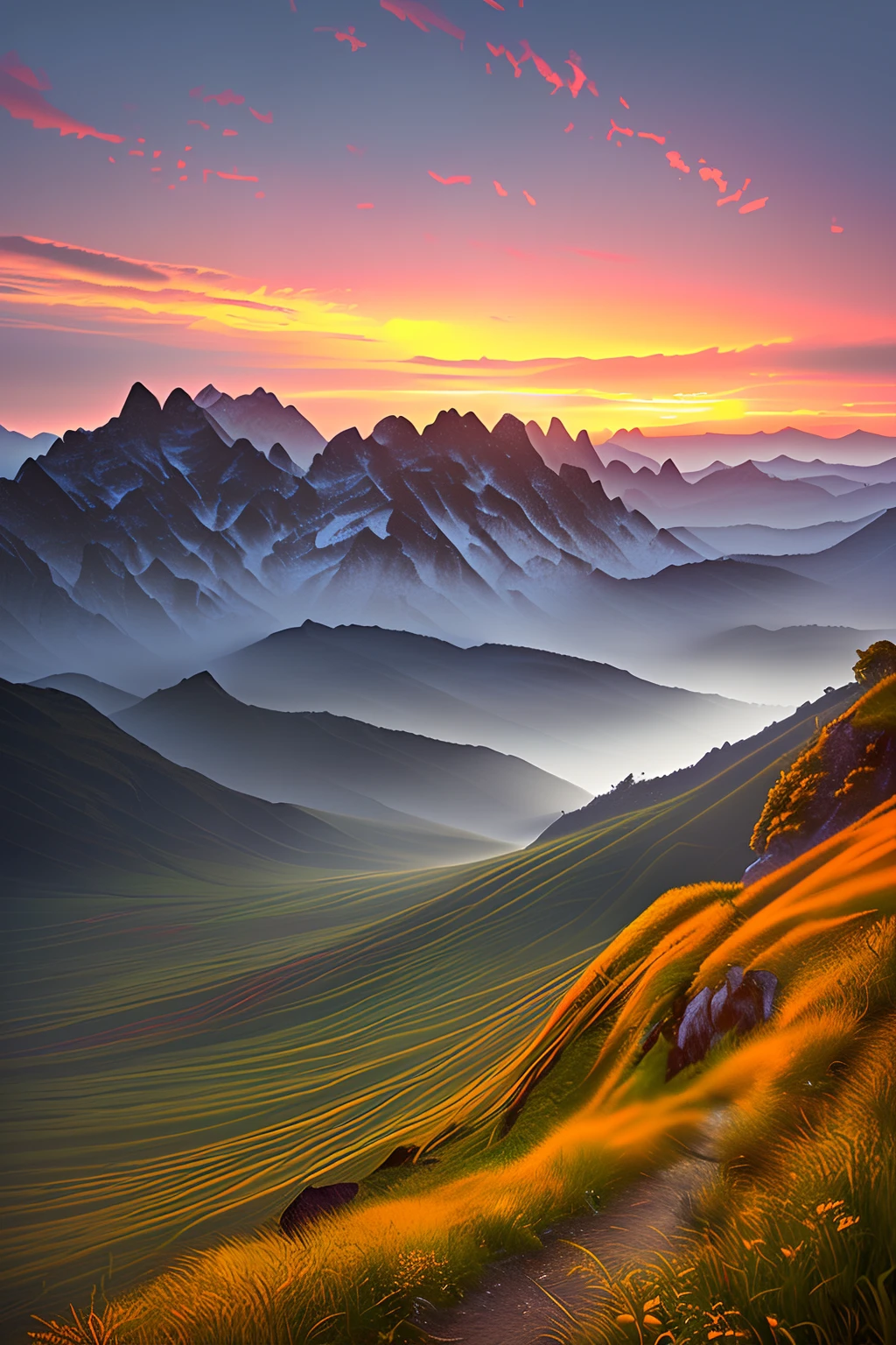 a stunning sunset vista landscape photography, Masterpiece, trending on CGSociety, 4K, 8K, HD, [art  stations:1], concept-art, Highly detailed, Sharp focus, [Subsurface scattering:1], art by Gabriel Lekegian and Abbas
