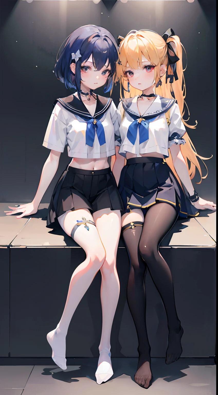 ,twins, Masterpiece,Best quality,offcial art,Extremely detailed Cg Unity 8K wallpaper, 2girls, cute female , Yuri, hair adornments, Short shorts, Crop top, Pantyhose, ribbon_choker necklace, leg belt,