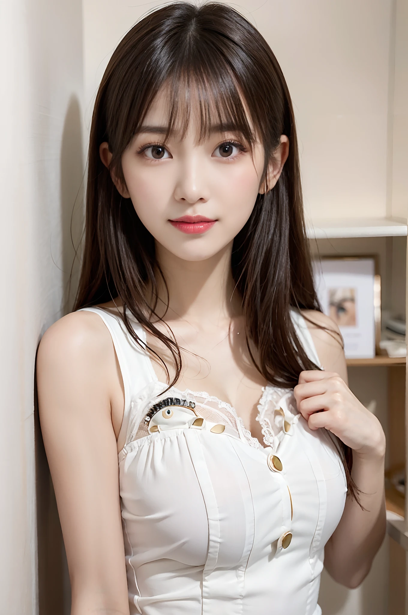 araffe asian woman with a white dress posing for a picture, Gorgeous young Korean woman, (((beautiful countenance))),(((big eye))),(((Beautiful eyes))),(((long lashes))),((Beautiful teeth alignment)),Beautiful young Korean woman, beautiful Korean women, Korean Girl, Young adorable Korean face, Portrait of female Korean idol, gorgeous chinese model, Beautiful Asian Girl, Korean Woman, wearing white camisole, young cute wan asian face, girl cute-fine-face,(((huge tit))), ((Chest cleavage)),(( nippleless)),