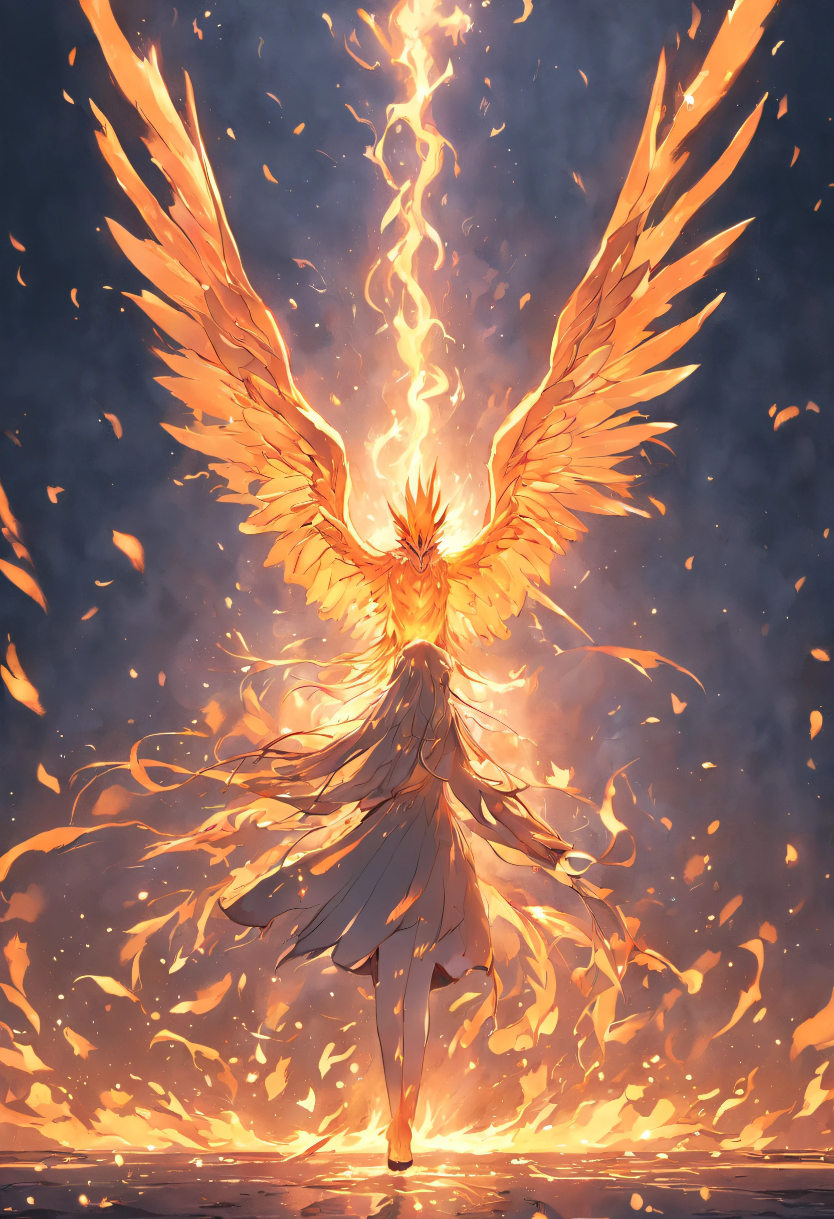 （Divine bird），（Fire Phoenix），（The fire outlined the phoenix's body)，The phoenix flaps its wings，(Shining with golden light)，solo,nigth,Multiple silhouettes，First-person elevation angle，super detailing，best qualtiy，tmasterpiece，（8K)，Extremely detailed，Epic artwork