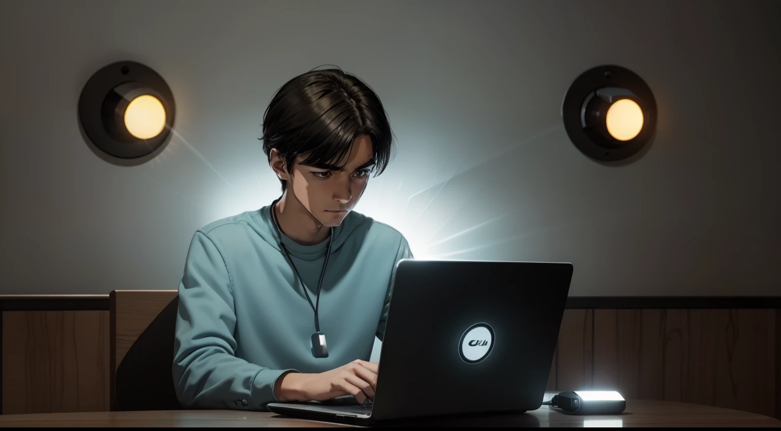 /Storyboard,Flat comic style,A young man sits at a table,Holding a USB flash drive in his hand,Facial suspicion。His face shone with a faint light,The U disk shows a shimmering effect,There is a laptop in front of you than a laptop,