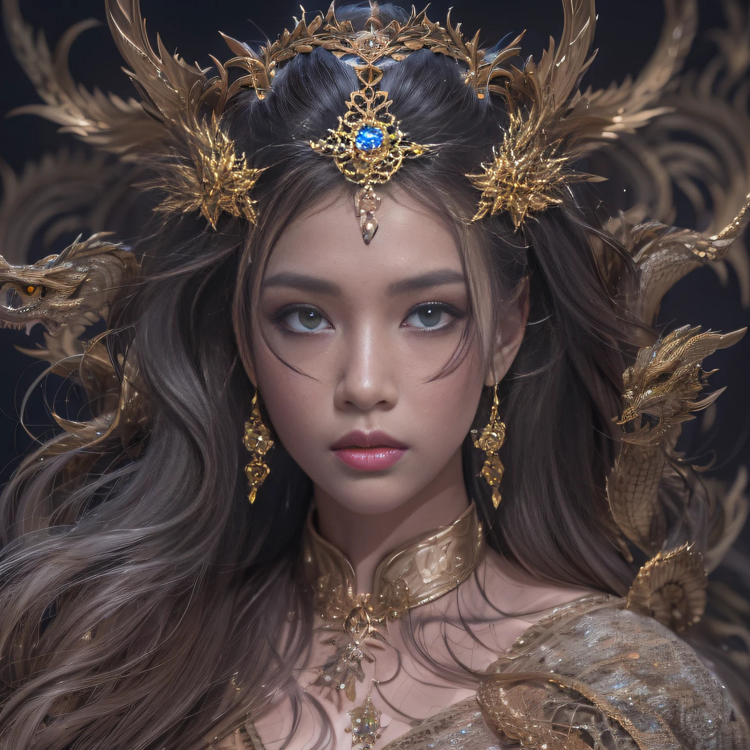 16k（tmasterpiece，k hd，hyper HD，16k）Black ball hair，Gold jewelry area in the back room，Smoke ring girl ，Bronze Dragon Protector （realisticlying：1.4），Python pattern robe，Purple-pink tiara，Snowflakes fluttering，The background is pure，Hold your head high，Be proud，The nostrils look at people， A high resolution， the detail， RAW photogr， Sharp Re， Nikon D850 Film Stock Photo by Jefferies Lee 4 Kodak Portra 400 Camera F1.6 shots, Rich colors, ultra-realistic vivid textures, Dramatic lighting, Unreal Engine Art Station Trend, cinestir 800，Hold your head high，Be proud，The nostrils look at people