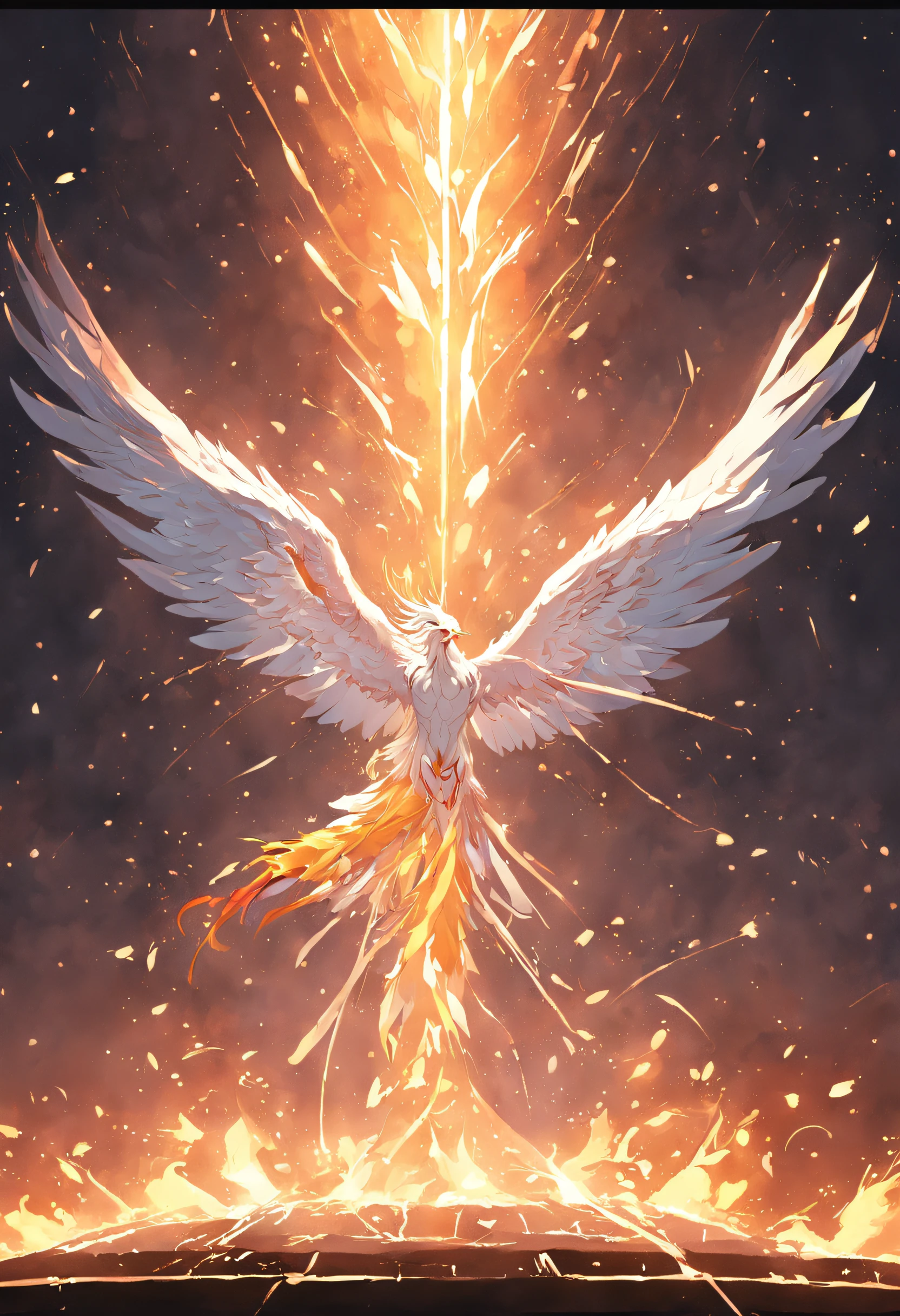 (Divine bird),(Fire Phoenix),(The fire outlined the phoenix's body),The phoenix flaps its wings,(Shining with golden light),solo,nigth,Multiple silhouettes,First-person elevation angle,super detailing,best qualtiy,tmasterpiece,(8K),Extremely detailed,Epic artwork