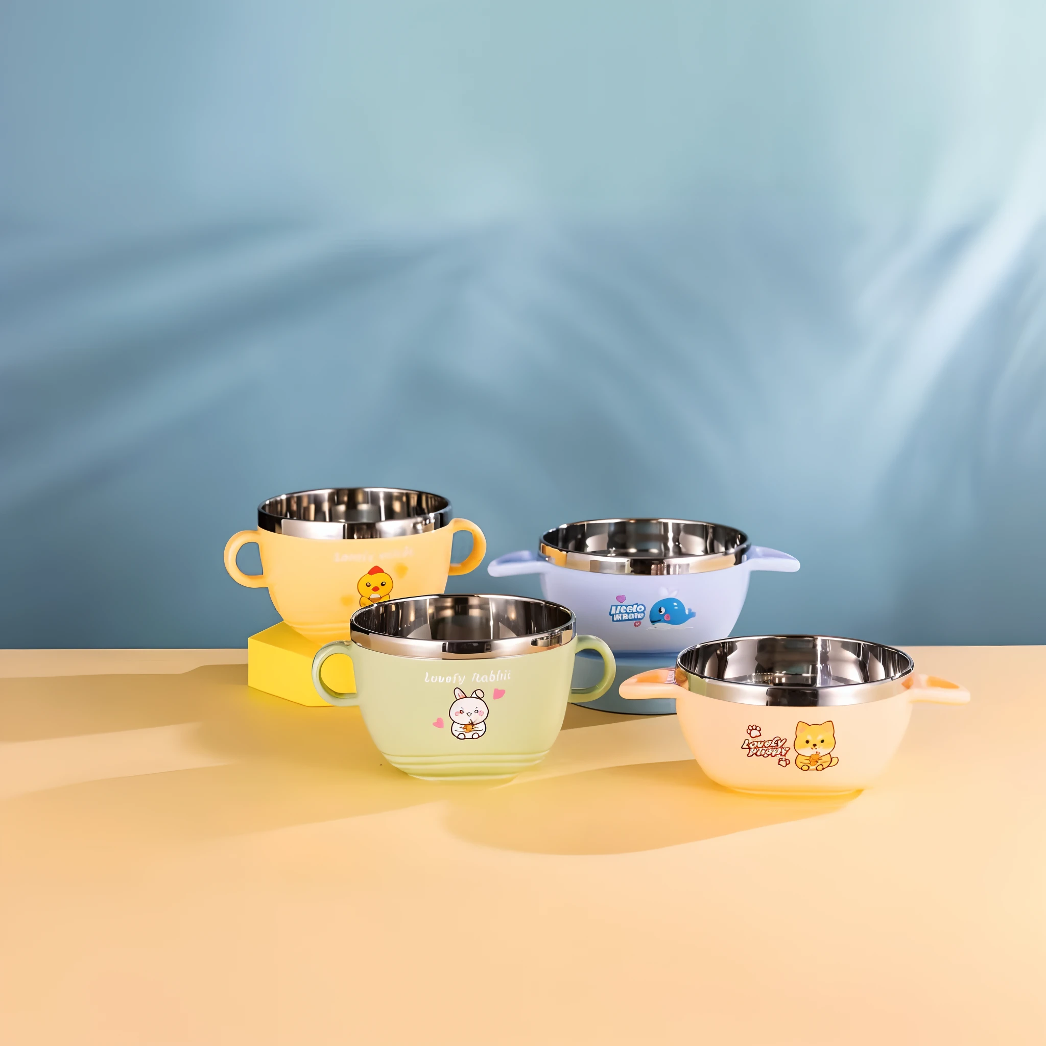 Three cat-designed cups are placed on the table, cute colorful adorable, Cartoon Cute, cas, bowl, Multiple colors, cute design, 9 0 mm, 90mm, 4 0 9 6, Cute cartoon style, 3 4 5 3 1, Various colors, cartoonish style, stainless steel, Cute features, large view, 1 2 0 mm