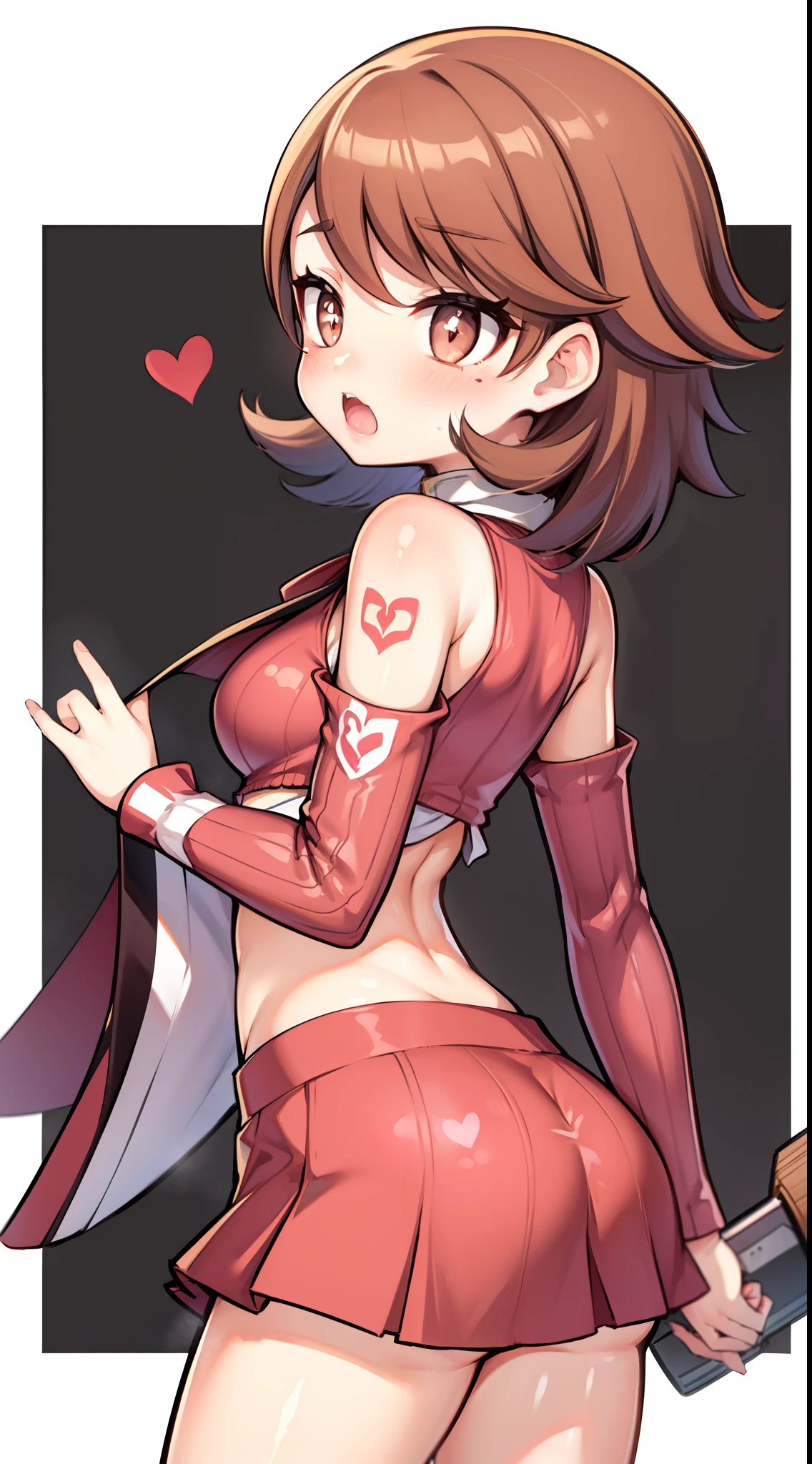 Yukari Takeba ，A white border around a red rectangular background，pink uniform，short  skirt，Back view，Bare back，Bare buttocks，sitted，big assa，huge tit，exposing your navel，abdominals tattoo，High detail,ahegao face,Moles under eyes, Heart-shaped pupils，Love pupils，cropped shoulders，Lots of hearts，Fleshy thighs,highly rendered，detailed face with