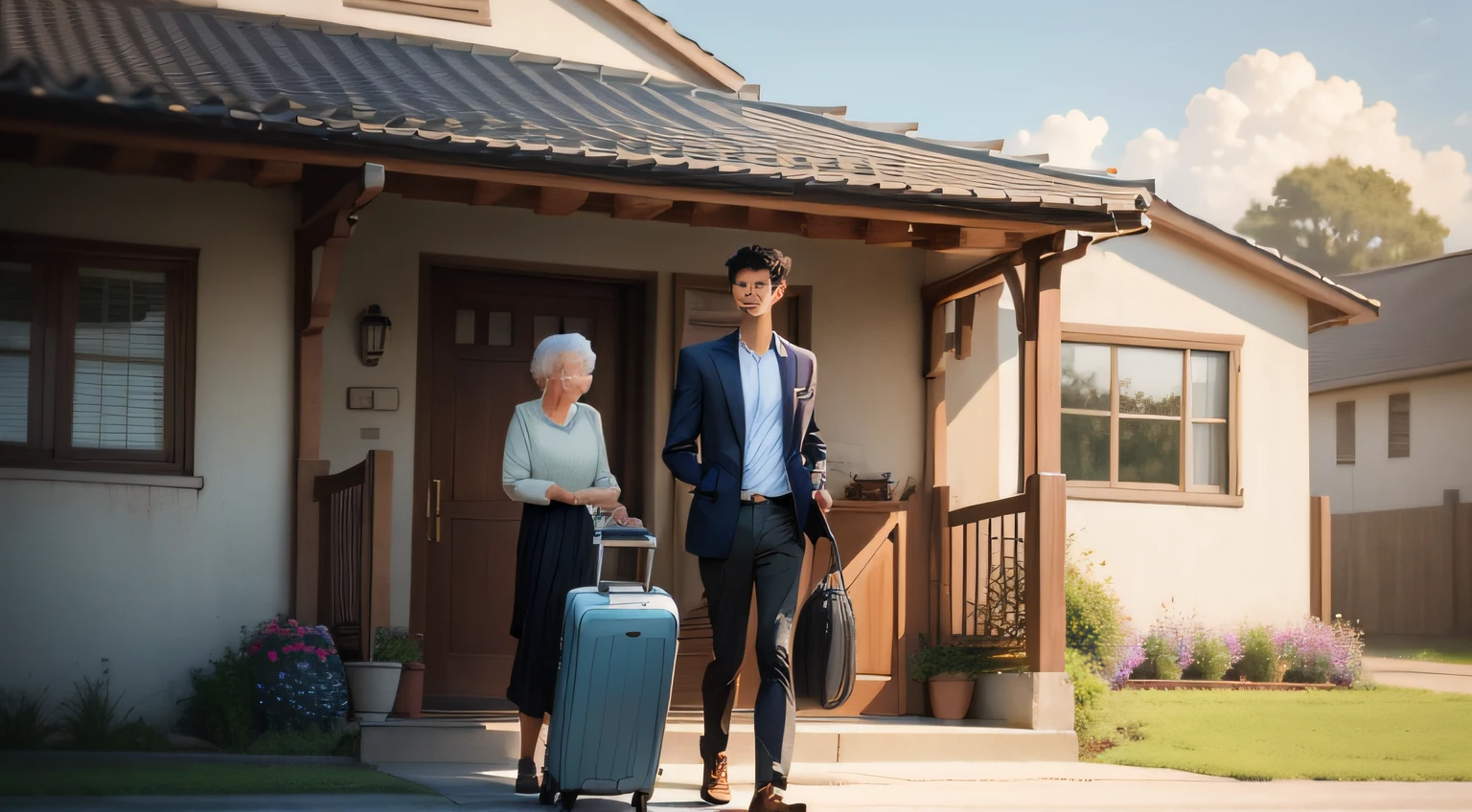 /imagine prompt: A young, handsome college student stands at the doorstep of his grandmother's house, carrying a luggage bag with a bright smile on his face. The grandmother stands at the door, smiling at him. Surrounding them are lush fields and a clear blue sky, by doodle --niji 5
