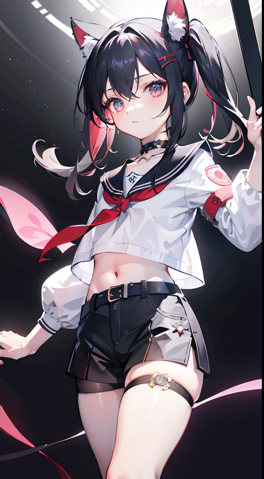 ,twins, Masterpiece,Best quality,offcial art,Extremely detailed Cg Unity 8K wallpaper, 2girls, cute female child, Yuri, hair adornments, Short shorts, Crop top, Pantyhose, ribbon_choker necklace, leg belt,