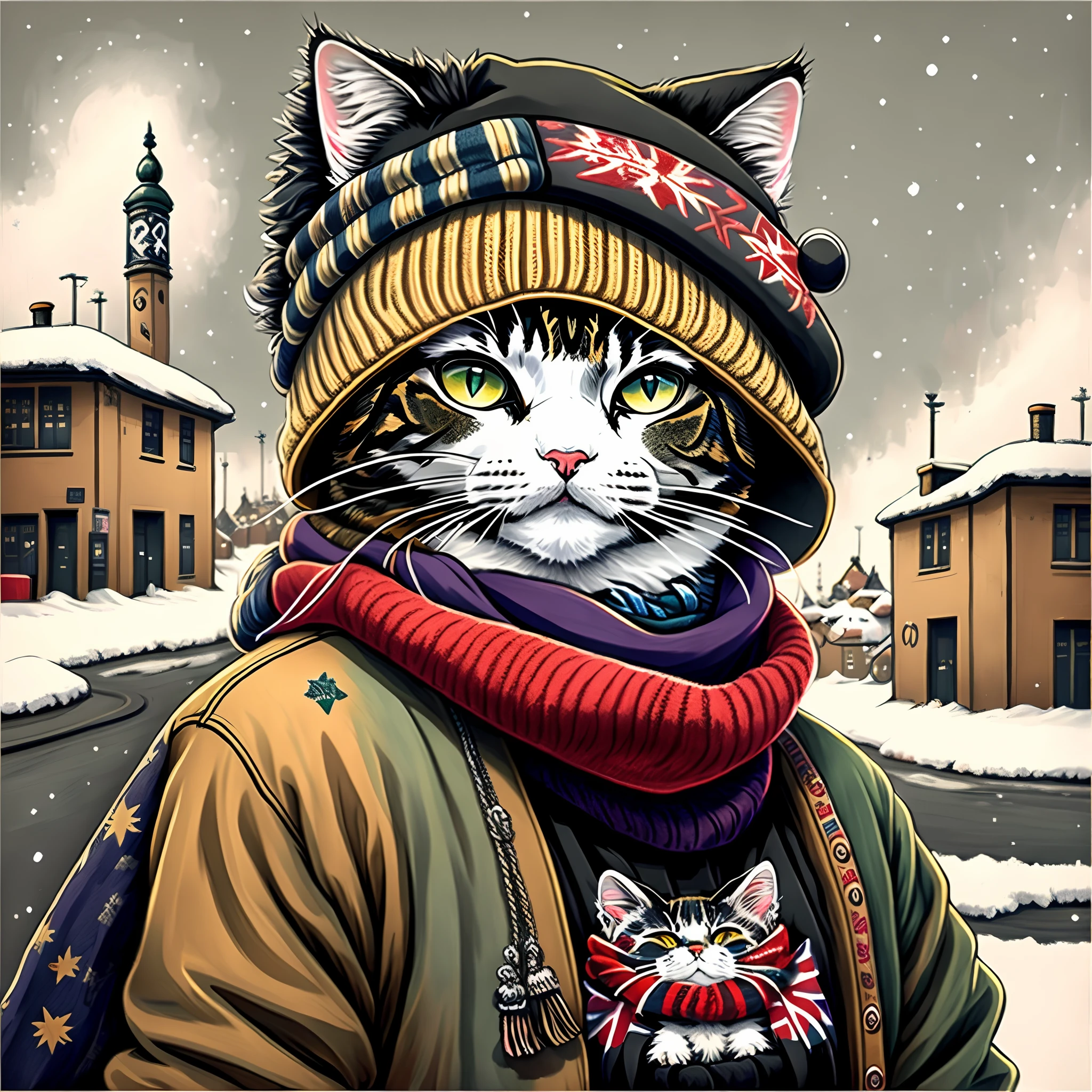 Drawing of a cat wearing a hat and scarf, art station trend, wearing punk clothing, detailed surreal rendering, british gang member, street style, intimidating pose, planet of cats, fashion clothing, urban samurai , meow, West Slavic traits, 8 1 5