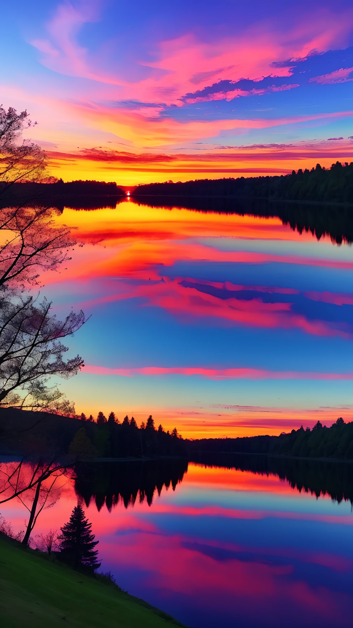 there is a beautiful sunset with a lake and trees in the background, colorful skies, surreal colors, colorful sunset, colorful sky, marvellous reflection of the sky, stunning sky, dream like atmosphere 8k, colorful clouds, colors reflecting on lake, surreal sky, red and blue reflections, fire reflection, beautiful sky, beautiful and spectacular dusk, beautiful dreamy landscape, amazing sky