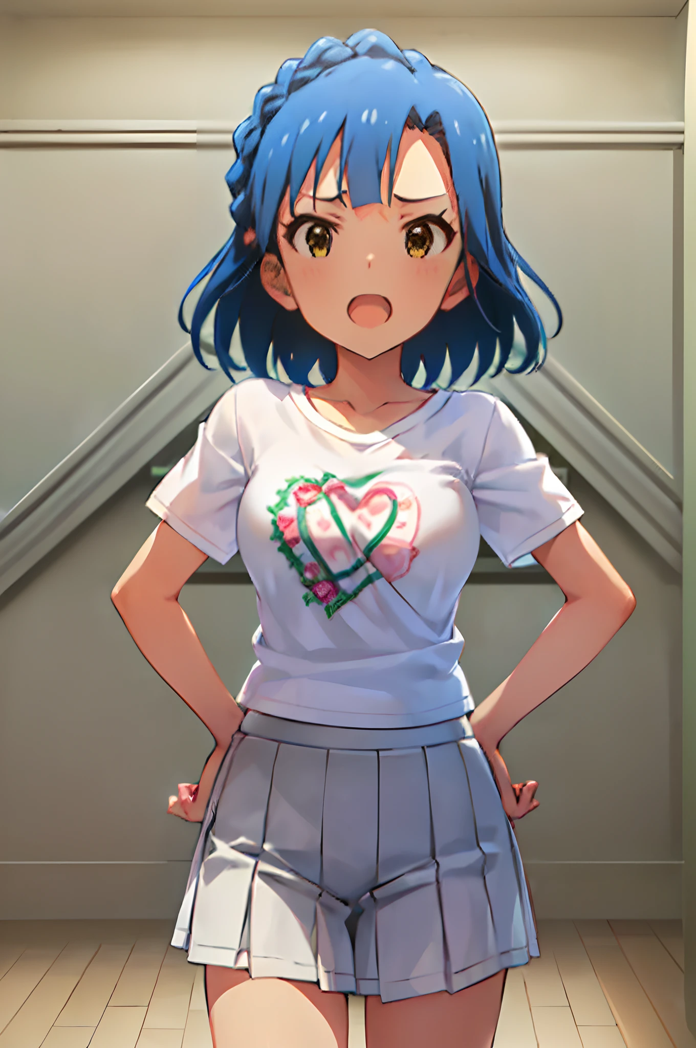 yuriko nanao (million live). Short stature. (((white t-shirts))).(((Skirt))).(((masterpiece))).(((best quality))).((Ultra-detailed))).(((illustratio))). (((put hands on the hip))).(((a room))).(((make a fist))).(((up chest))).Despair face.(((short-hair))).((big breasts)).((Opening Mouth)).Heart on chest.