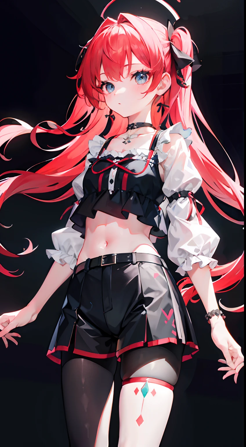 ,twins, Masterpiece,Best quality,offcial art,Extremely detailed Cg Unity 8K wallpaper, 2girls, cute female , Yuri, hair adornments, Short shorts, Crop top, Pantyhose, ribbon_choker necklace, leg belt,
