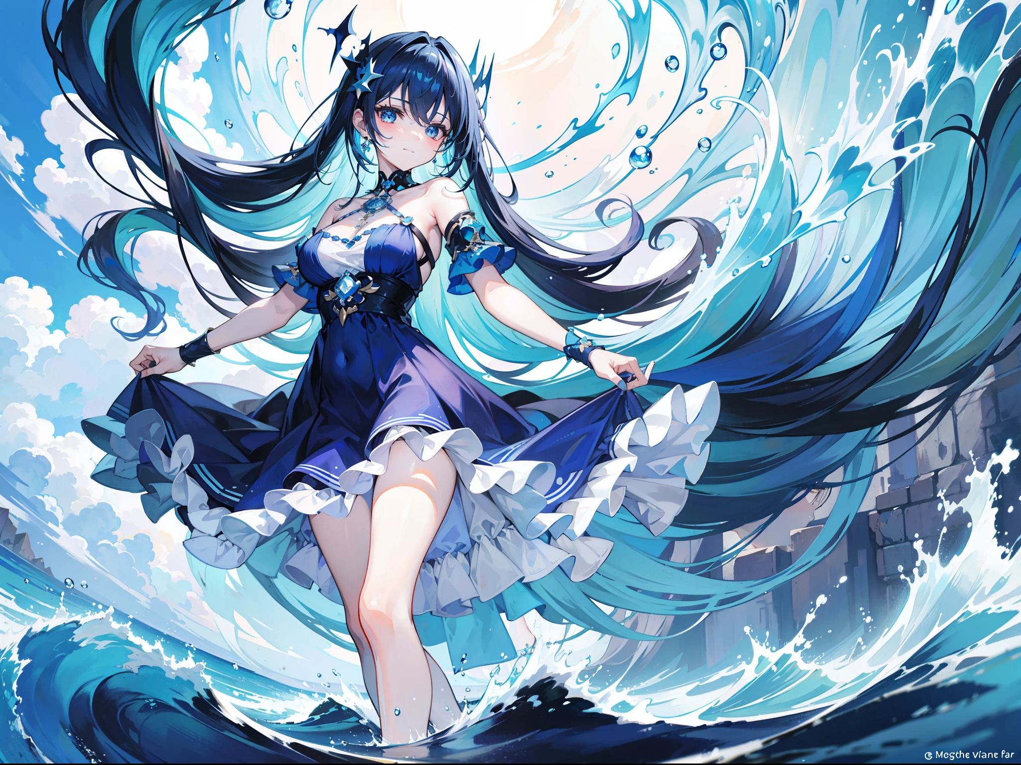 Blue-haired beautiful girl,curlies,with hair dishevelled,Dark blue dress,Dress revealingly,emaciated,Poor milk,flatchest,A deep blue gemstone is set on the chest,bare-legged,Wear blue ankle rings on your ankles,A staff holding a deep blue gemstone,There was a huge wave behind him,With a smile,Has the power to manipulate water,Stand on top of the Great Waves