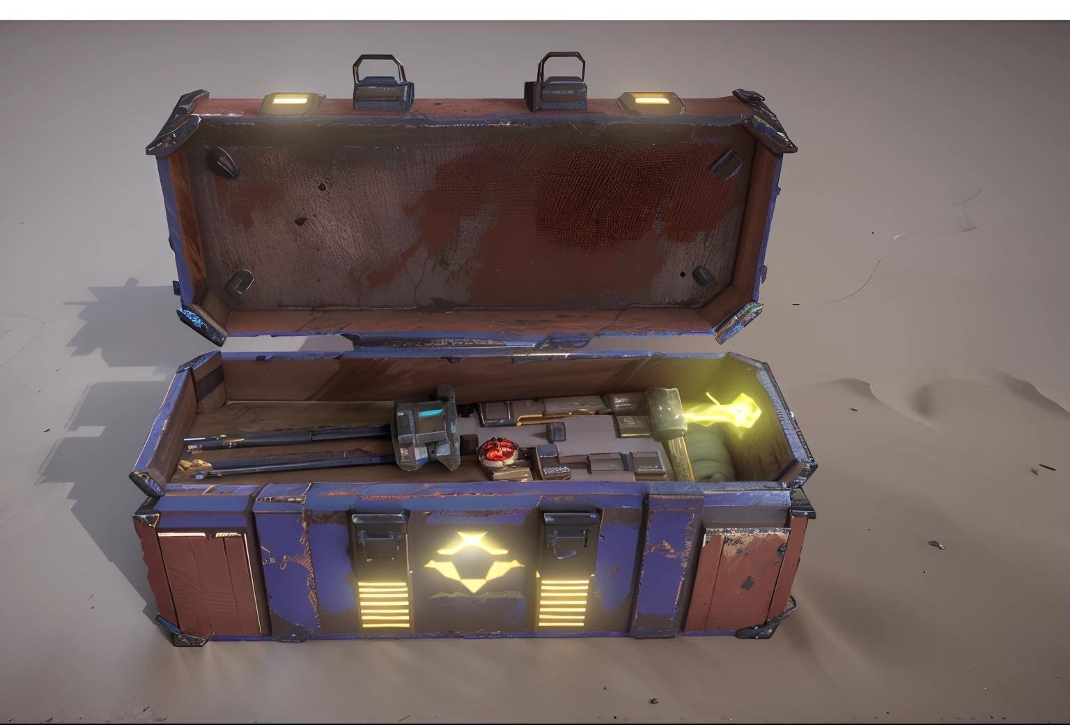 An uncovered sci-fi treasure chest, It is filled with gold coins,There are also a lot of gold coins scattered around,, marmoset toolbag rendered, marmoset toolbag rendered, sci-fi highly detailed, sci-fi magic highly detailed, Cinematic high level of detail, 3d game object, video game assets, game assets, rpg item render, heavy detail, video game item, loot box