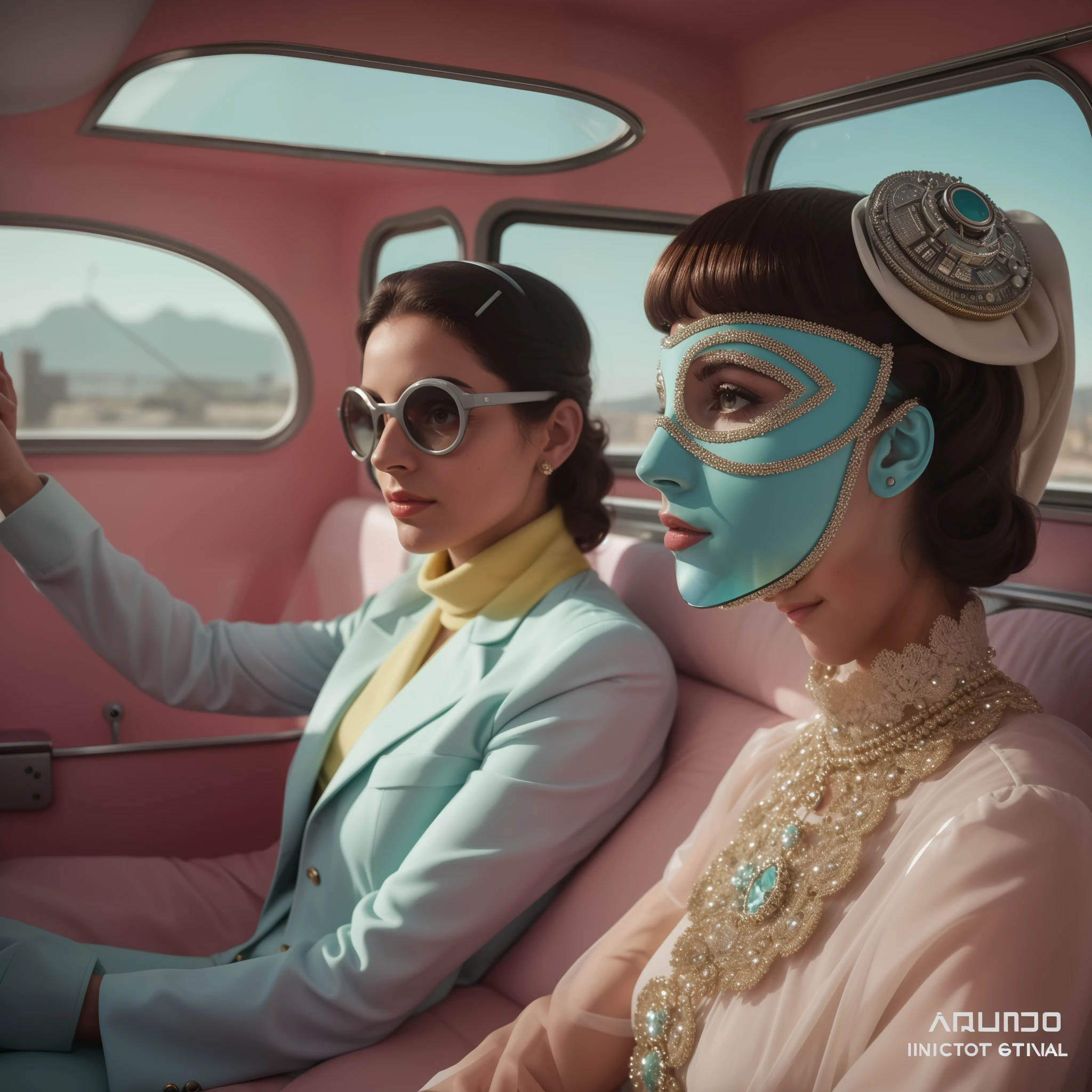 4k portrait of 1960s science fiction by Wes Anderson, Vogue anos 1960, pastels colors, Man with a fish mask wearing weird retro futuristic outfits and a woman wearing glass helmet and techno ornaments on the bus, Luz Natural, Psicodelia, futurista estranho, fotorrealista, hiper detalhado, foco nítido, Intrinsic, mid closeup, rosto e olhos perfeitos, grain of film, cinemactic, Bokeh lento | | | | | |, Epic composition, natural  lightting, fotografia, Hiper realista, double-exposure,  desfocado, desfoque de movimento, Absurdo, alto, alta qualidade, melhor qualidade, obra-prima, intrincado,