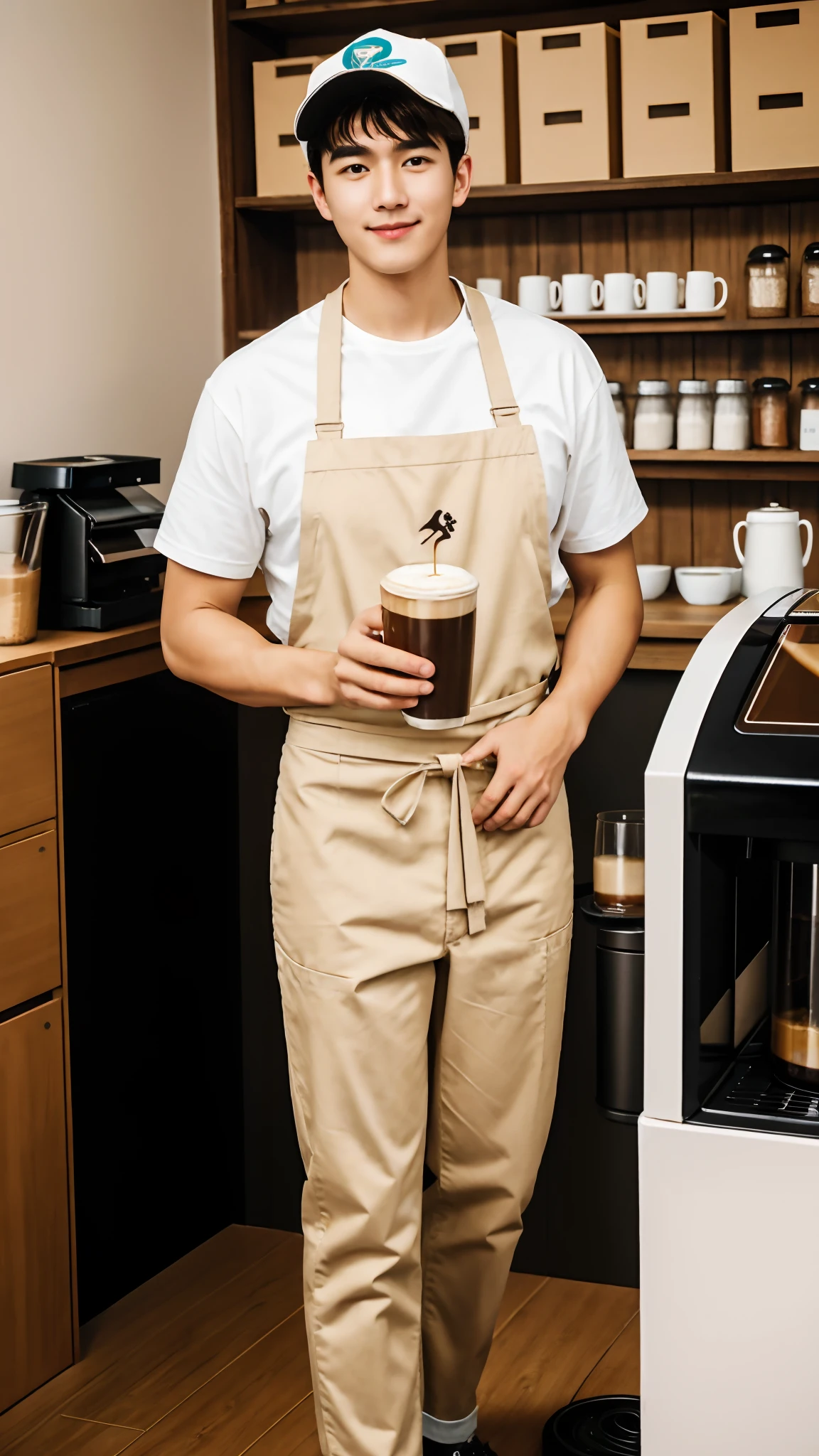 1人，A 20-year-old man in a café，Barista，Coffee is being made，Facial hair，Brown apron，Brown shell turban，leg apart，whitet-shirt，short white pants，Slender figure，Handsome，full bodyesbian，Exposing thighs，Expose calves，Thick leg hair，Large bulge at the crotch，leg apart，pervert smirk，janelas，rays of sunshine，Plenty of ground coffee and cups，Huge coffee machine，Coffee packaging box，In a dark café production room，gentlesoftlighting，tmasterpiece，best qualtiy，8K  UHD，digital SLR camera，filmgrain，Fujifilm XT3 Realistic painting art，Written by Midjourney and Greg Rutkowski