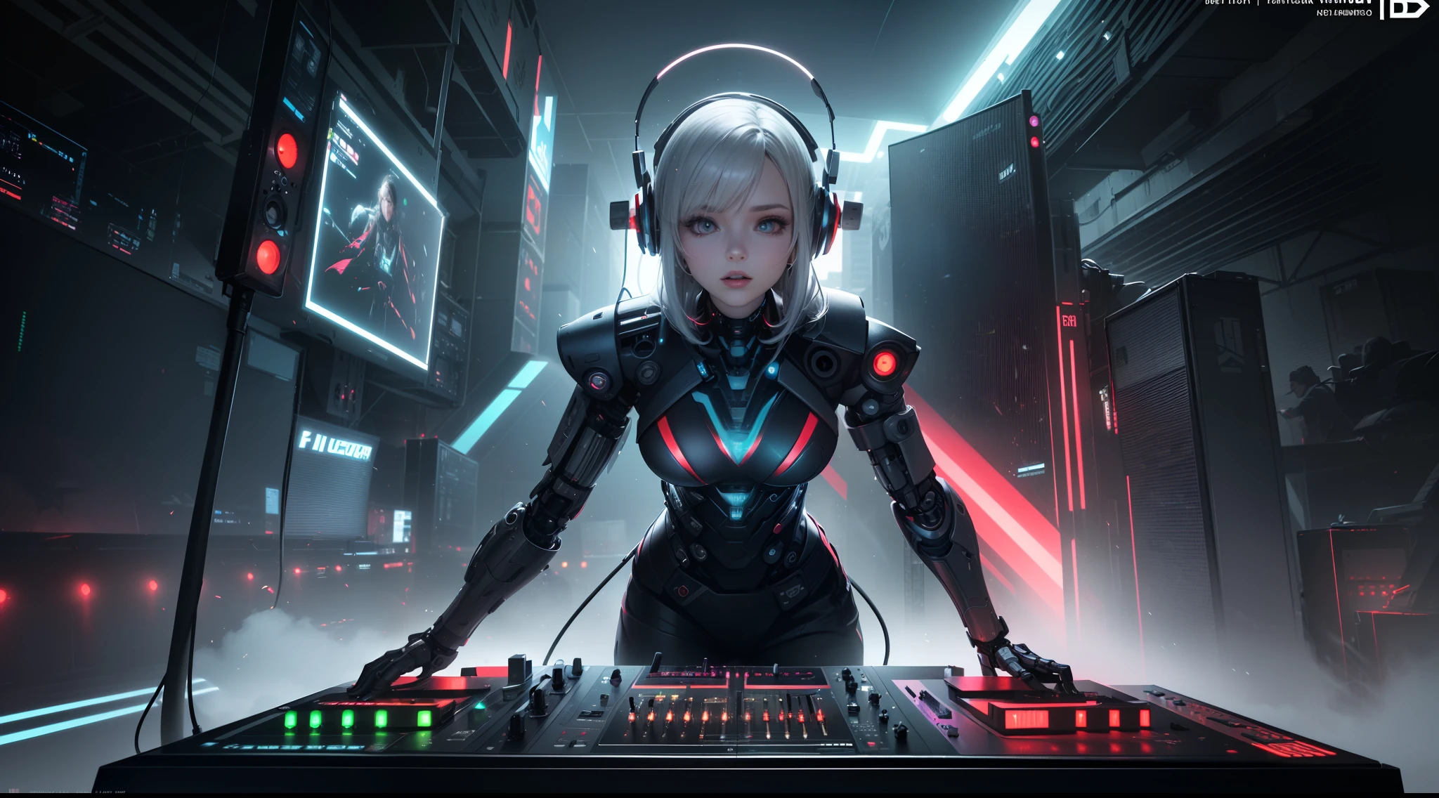 (hyperdetailed,16k resolution,octane render,pyrotechnic,lightning,Electrical,Spark,break:1.2),(A girl DJ wearing futuristic jacket and big silver headphones,leaning forward,intricate detailed Mechanical cyberpunk cyborg,Multimedia exoskeleton,standing in front of a dj set,focused on performing,Virtual singer style,Highly detailed mechanical DJ player,Side semi close-up,virtual stage background,Futurist digital art:1.25),