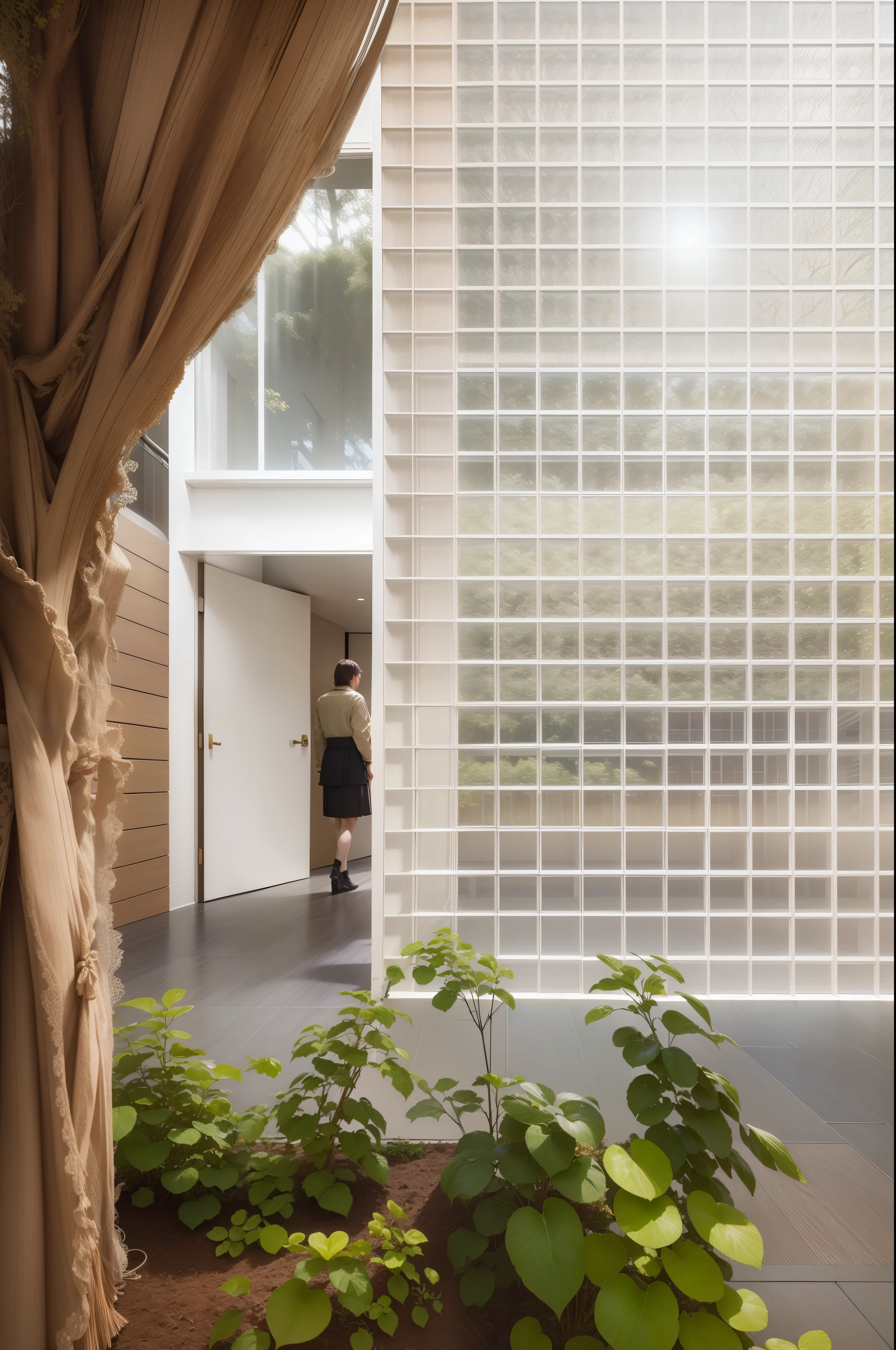(best quality: 1.2), (masterpiece: 1.2), (realistic: 1.2), soft volumetric lights, (backlight:1.3), (cinematic:1.2), intricate details. living room interior design by kengo kuma + wes anderson. futuristic, modern garden. glass slats