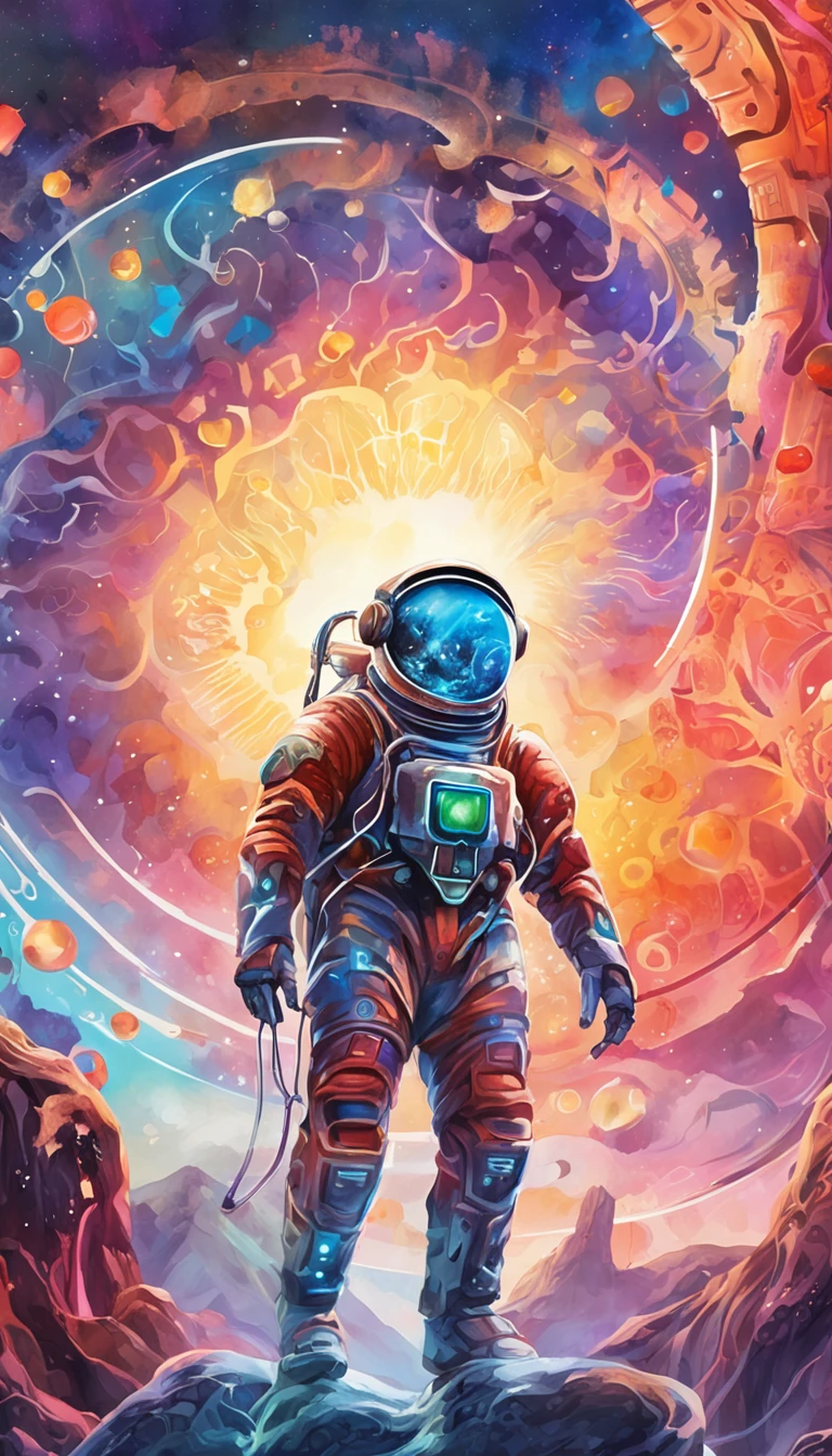 A cybernetic astronaut floats in a surreal landscape of neon fractals and glowing glyph patterns.