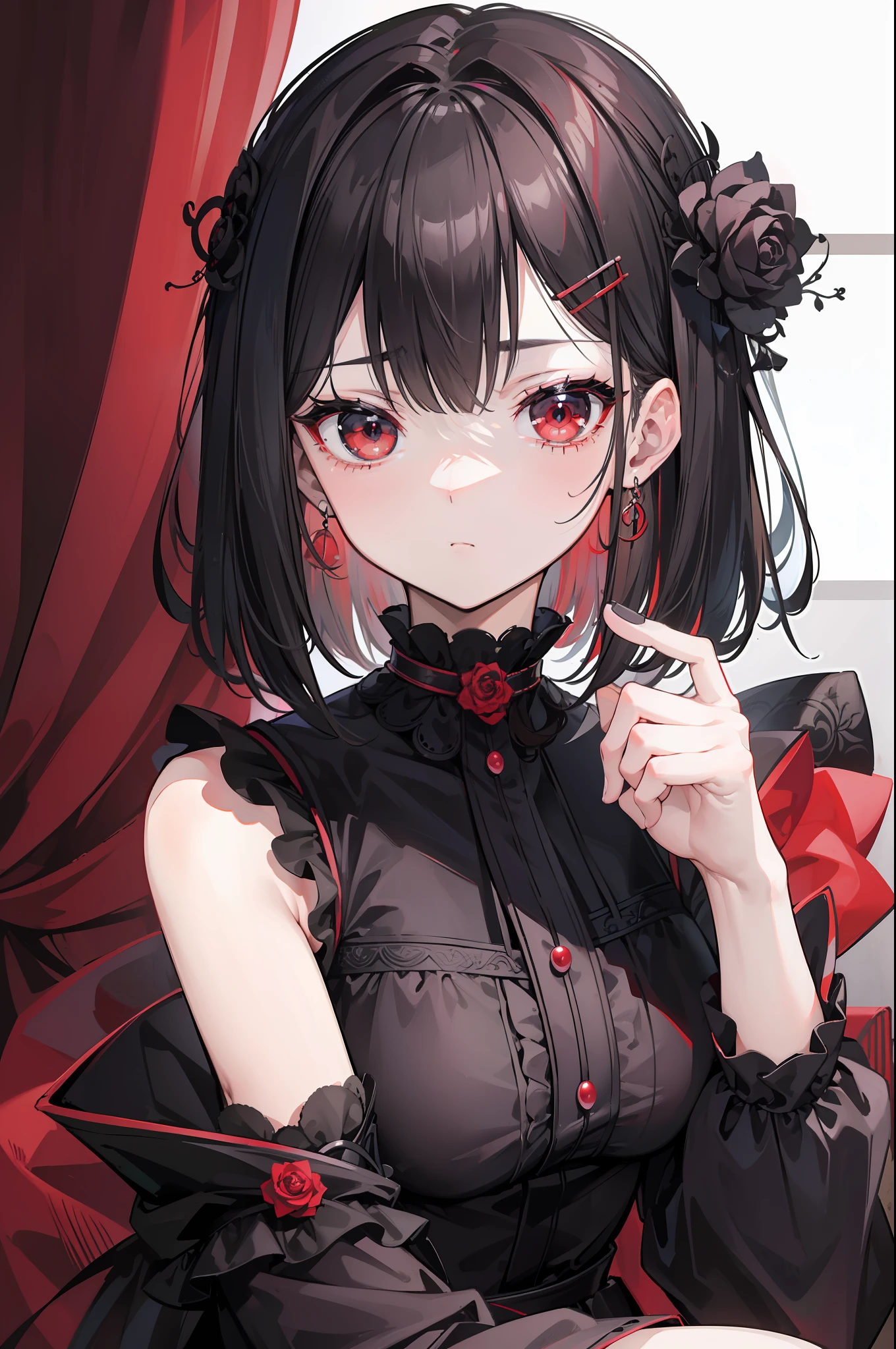 Simple background、(top-quality、8K、masterpiece:1.3)、 Highly detailed facial and skin texture、{Very delicate red fishing eyes}、二重まぶた、de pele branca、(with round face:1.5)、A dark-haired、Beautie、{A dark-haired、Medium Hair}、{Medium Hair}、gothic atmosphere、{Black rose hair accessories on the left and right sides of the head:1.5}、Red Fishing Eye、22year old