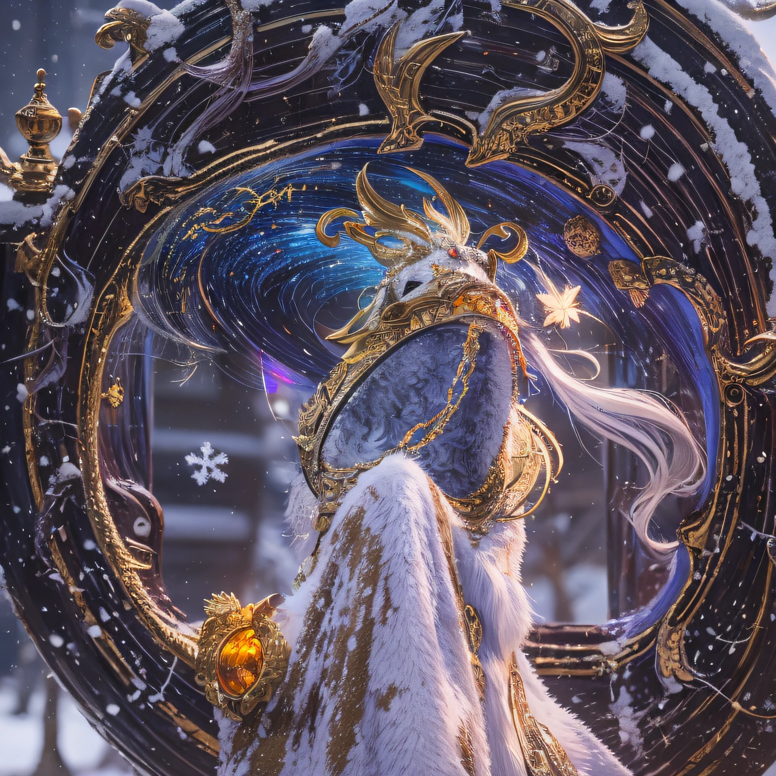 32K,（tmasterpiece，k hd，hyper HD，16k）short detailed hair，Vintage train sleeper area，Snow Circle Witch ，Two Golden Dragon Protectors （realisticlying：1.4），Python robe，Purple apron，Snowflakes fluttering，The background is pure， A high resolution， the detail， RAW photogr， Sharp Re， Nikon D850 Film Stock Photo by Jefferies Lee 4 Kodak Portra 400 Camera F1.6 shots, Rich colors, ultra-realistic vivid textures, Dramatic lighting, Unreal Engine Art Station Trend, cinestir 800，