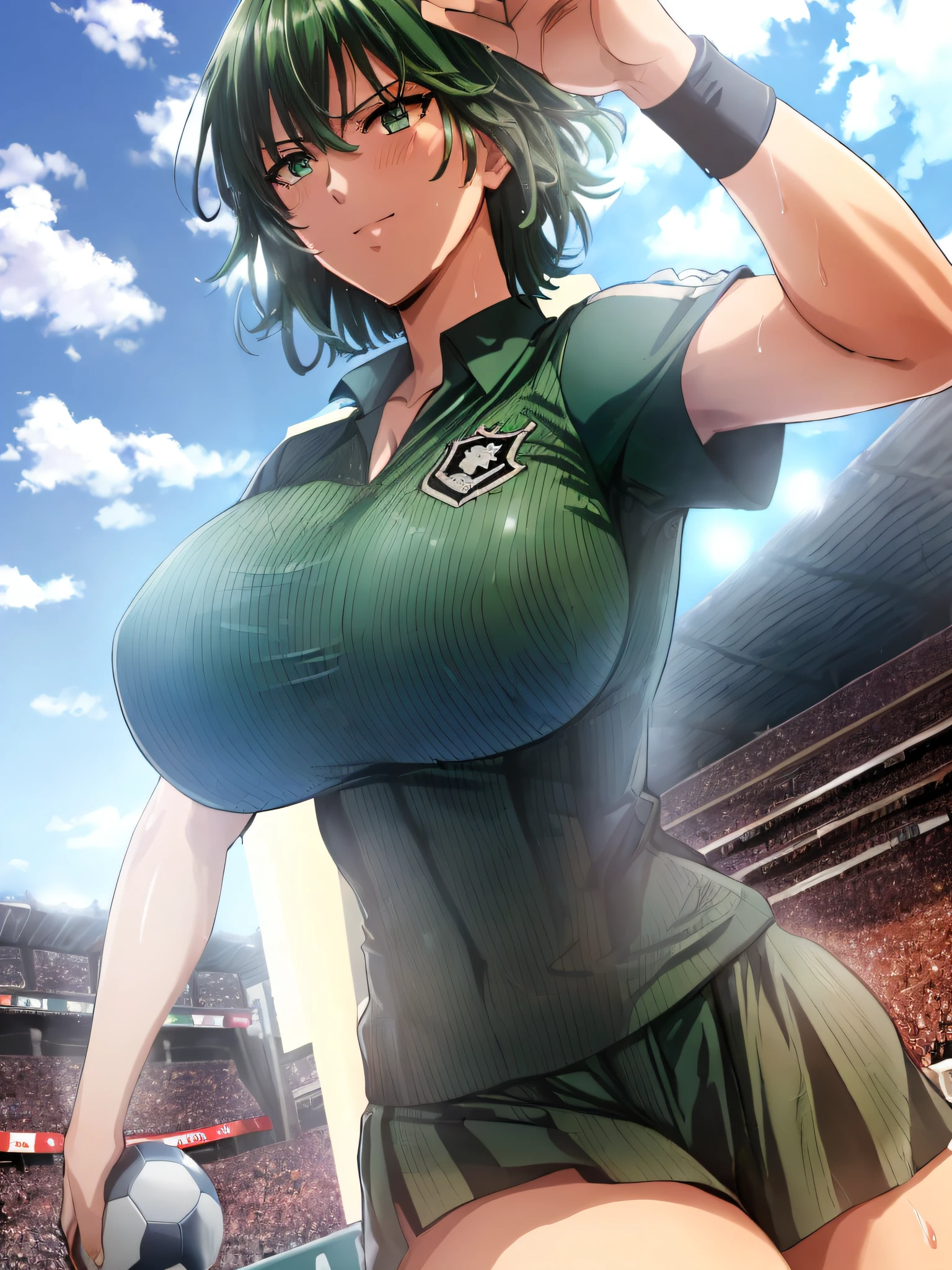 Masterpiece++, Best quality++, Ultra-definition++, Ultra-definition++, 4k++, 8k++, (background focus)++, very detailed, ((soccer stadium))++, (((one punch man fubuki)) )+++, ((soccer player)), (((samurai blue soccer uniform)))+++, ((mature woman playing a soccer ball))++, (soccer ball), blush, (wrist wristband), (super shiny hair and skin), ((green hair)) ++, (sunlight), ((beautiful)), (huge breasts_body: 1.5), (huge breasts_breasts: 1.5), Muscular girl with clearly visible abs and muscles, sweaty body, cleavage, bouncy, (clean shaved abs, muscular thighs) +, sweating, warm smile, perfect eyes, perfect nice hands, perfect nose, one punch man fubuki, bright atmosphere, (wet effect)+, (light effect), (cinematic light)+, (light cinematic)+