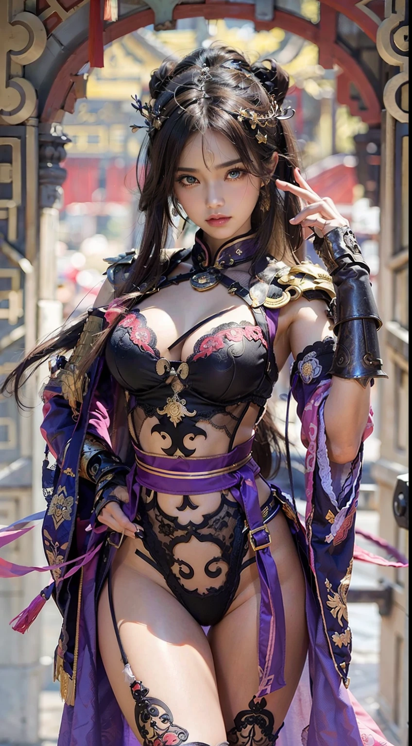 Ancient Chinese architecture,National style beautiful girl,Wear revealing armor,Simple clothing, Minimalist style,Mixed Chinese and American races,The background is blurred out,focal,电影灯光,(((tmasterpiece))), ((best qualtiy)), ((Complex and detailed)), ((ultra-realistic realism)), Ridiculous resolution, A MILF, Mature woman, ssee-through, highly detailed, illustratio, 1girll, (mediuml breasts), Thin waist and thick hips,long leges,beatiful detailed eyes, short detailed hair, brunette color hair, a purple eye, blackstockings,lacy clothing,with faintly visible,Cool armor,The body proportions are perfect,(No underwear:1.2),detailed back ground, perfect eyes, Seductive eye, (nice hand),Detail hands,looking at viewert,From the front,Wear light,juicy legs,deep v big breasts,Chinese totem tattoo