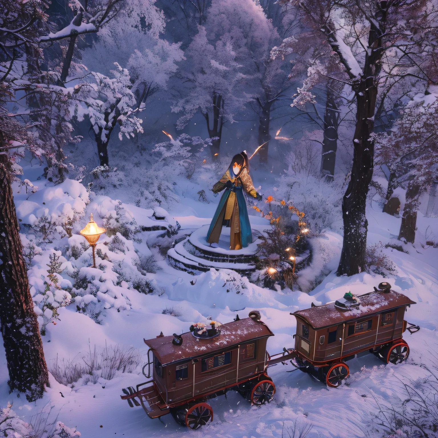 32K,（tmasterpiece，k hd，hyper HD，16k）short detailed hair，Vintage train sleeper area，Snow Circle Witch ，Two Golden Dragon Protectors （realisticlying：1.4），Python robe，Purple apron，Snowflakes fluttering，The background is pure， A high resolution， the detail， RAW photogr， Sharp Re， Nikon D850 Film Stock Photo by Jefferies Lee 4 Kodak Portra 400 Camera F1.6 shots, Rich colors, ultra-realistic vivid textures, Dramatic lighting, Unreal Engine Art Station Trend, cinestir 800，