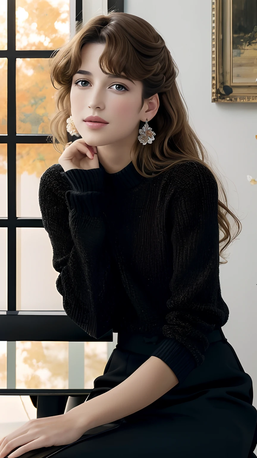 Beautiful and elegant French girl,Twenty-two years old, Actress Sophie Marceau，（This face looks like Sophie Marceau），Short golden-brown hair，A shallow smile,（Blue affectionate eyes）,（Very detailed and perfect facial depiction），Sit in the antique study，Side view，looking lovingly at the viewer，A hint of melancholy，Milky white sweater，Black Capri pants，Study desk，vases，hanging lights，The setting sun shines obliquely through the glass windows，Autumn tones,(A variety of flowers:1.1),（light and shadow effect），（Light particle tracing），（vivd colour）,（Obvious layers）,（Photography Award）,（8k wallpaper）,（Masterpiece）,（best qualtiy）, photorealestic，realisticlying