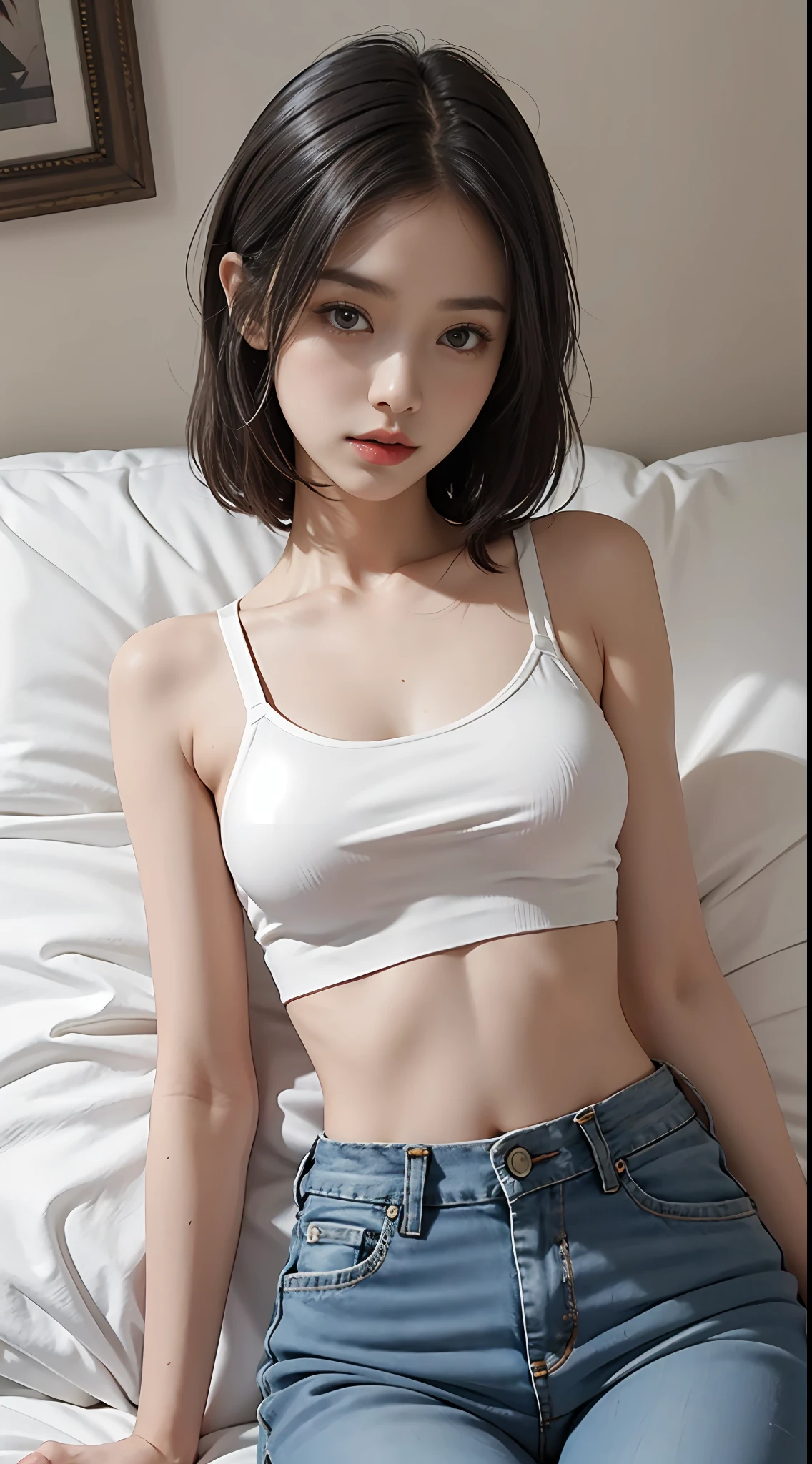 Girl in white bra and tight denim skirt posing for photo, full body, with cropped T-shirt, bra, cropped jeans, slim body, smaller bust, slim girl model, 24 year old female model, lying on the bed,