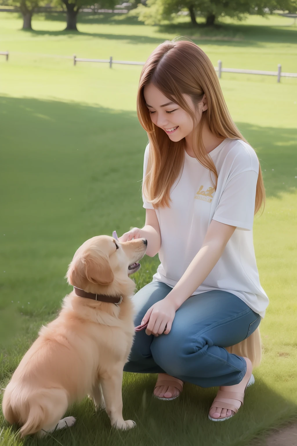 high-level image quality、20 year old woman playing with golden retriever puppy in pasture、