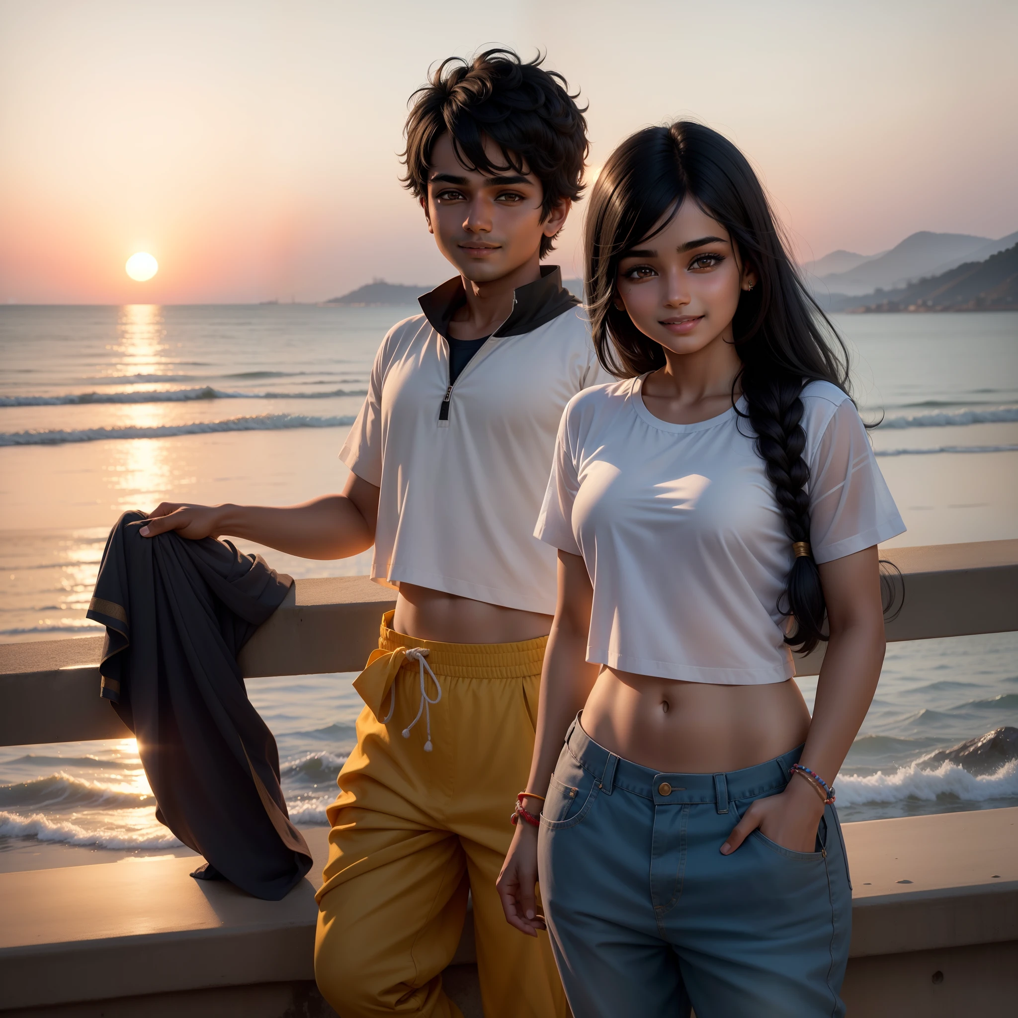 Authentic full-body photos,There are 2 people in the photo,1 Cute 18 year old Chinese girl,A 30-year-old Indian man,They are close,Indian man with arm around Chinese girl,Kiss,Sexy skirts and tops worn by Chinese girls,Two people are intimate,Have by the sea