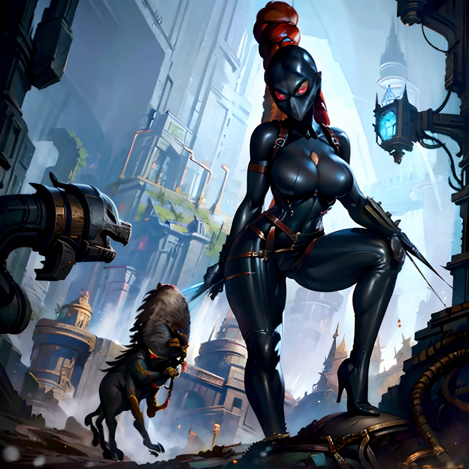 There is a Callidus Assassin squeezing her body through a tiny pipe, (masterpiece, top quality, best quality, official art, beautiful and aesthetic:1.2), (1girl:1.3), ((huge long brown braid)), (((black bodysuit, painted on, fully covered, black leather))), extremely detailed, portrait, looking at viewer, solo, (full body:0.6), detailed background, close up, (cold night mountain theme:1.1), Callidus Assassin, black facemask, red lenses, hidden face, charlatan, mysterious, standing in a gothic city, black body paint, skintight bodysuit, shoulder harness, belt, long boots, dual knives, black leather, ((((gigantic breasts)))), slim waist, slim hips, long legs, gothic (cathedral city exterior:1.1) background, dark mysterious lighting, shadows, magical atmosphere, dutch angle