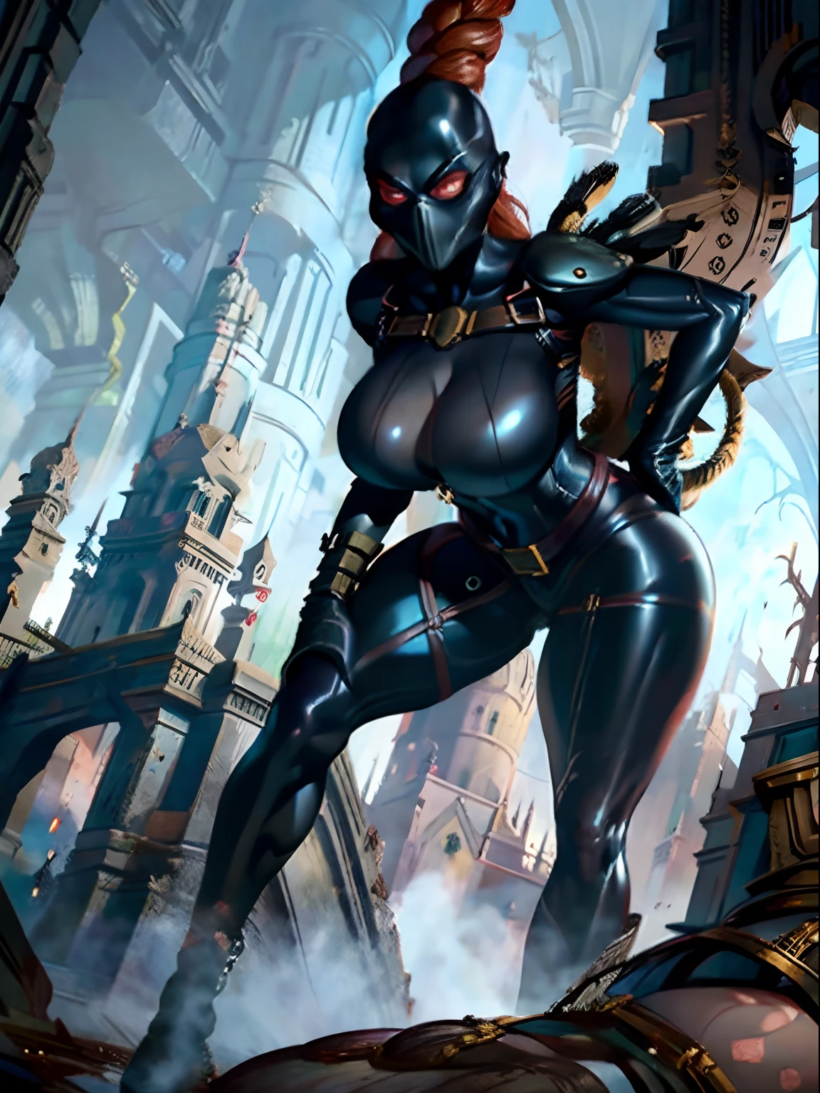 There is a Callidus Assassin squeezing her body through a tiny pipe, (masterpiece, top quality, best quality, official art, beautiful and aesthetic:1.2), (1girl:1.3), ((huge long brown braid)), (((black bodysuit, painted on, fully covered, black leather))), extremely detailed, portrait, looking at viewer, solo, (full body:0.6), detailed background, close up, (cold night mountain theme:1.1), Callidus Assassin, black facemask, red lenses, hidden face, charlatan, mysterious, standing in a gothic city, black body paint, skintight bodysuit, shoulder harness, belt, long boots, dual knives, black leather, ((((gigantic breasts)))), slim waist, slim hips, long legs, gothic (cathedral city exterior:1.1) background, dark mysterious lighting, shadows, magical atmosphere, dutch angle