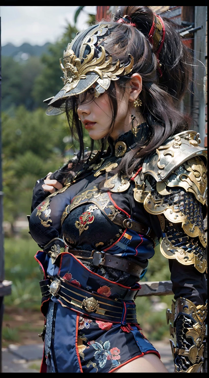 Ancient Chinese architecture，Female warrior of national style，Wear revealing armor，Simple clothing， Minimalist style，Mixed Chinese and American races，The background is blurred out，focal，电影灯光，(((tmasterpiece))), ((best qualtiy)), ((Complex and detailed)), ((ultra-realistic realism)), Ridiculous resolution, A MILF, Mature woman, ssee-through, highly  detailed, illustratio, 1girll, (mediuml breasts), Thin waist and thick hips，long leges，beatiful detailed eyes, short detailed hair, brunette color hair, a purple eye, blackstockings，lacy clothing，with faintly visible，Cool armor，The body proportions are perfect，（No underwear：1.2），detailed back ground, perfect  eyes, Seductive eye, （nice hand），Detail hands，looking at viewert，From the front，Wear light，juicy legs，deep v big breasts，Tattooed with