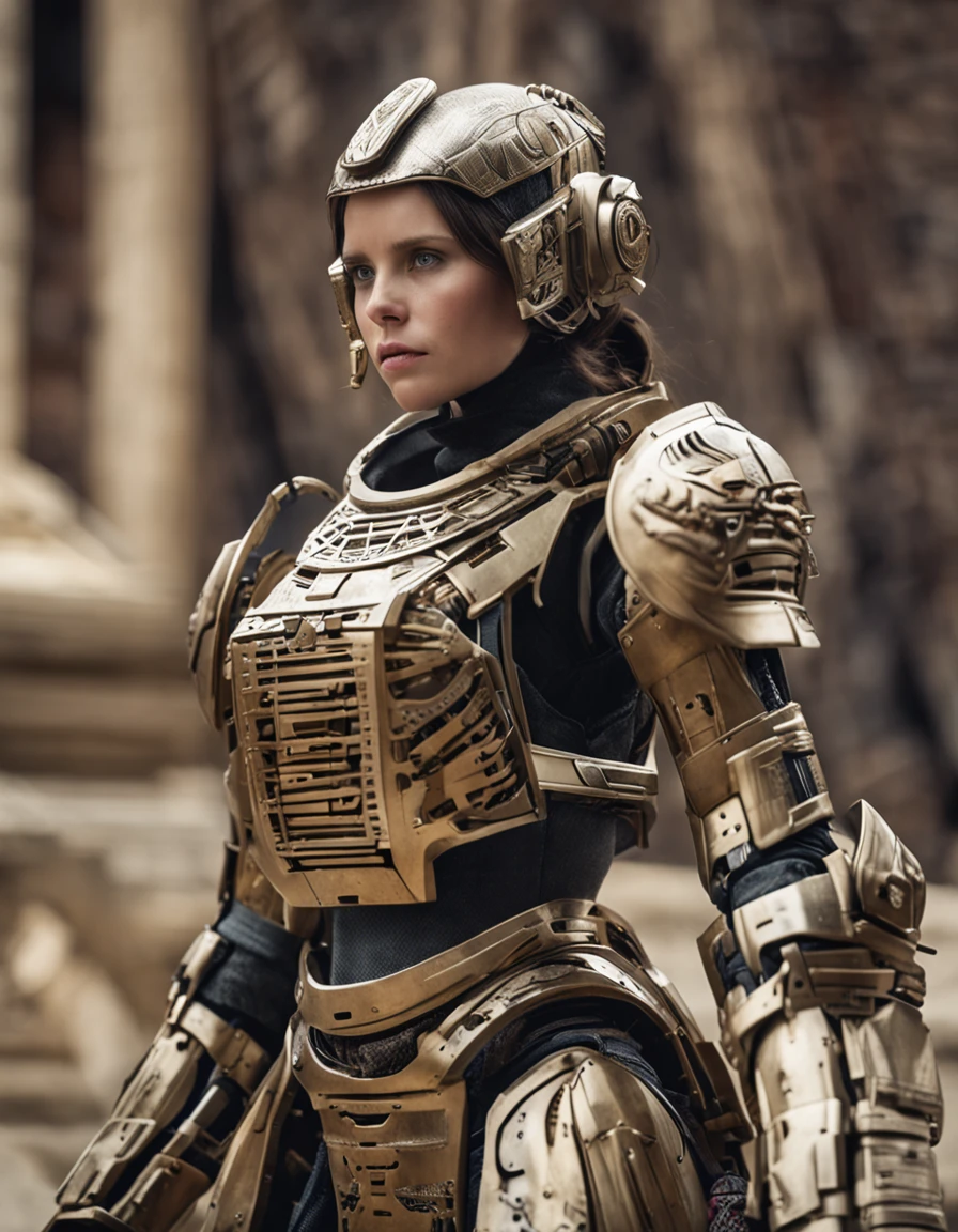 detailed photo of a beautiful girl, felicity jones, jedi, samurai armor, robotic parts, masterpiece, best quality
