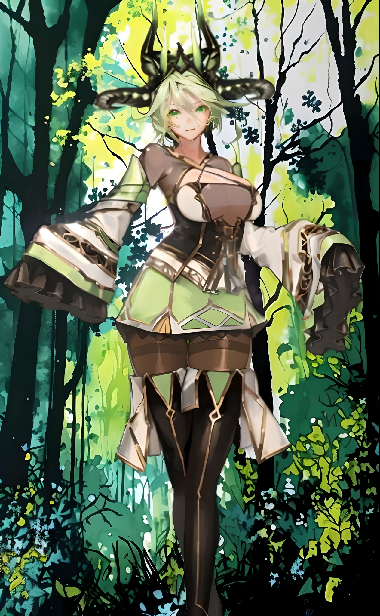 tmasterpiece，HighestQuali，Anime girl in the forest，Wearing a green dress and crown, The expression is serious，Green eyes，concept art inspired by Li Chevalier, pixiv contest winner, Fantasy art, forest hunter lady, forest soul, fey queen of the summer forest, female forest archer, goddess of the forest,