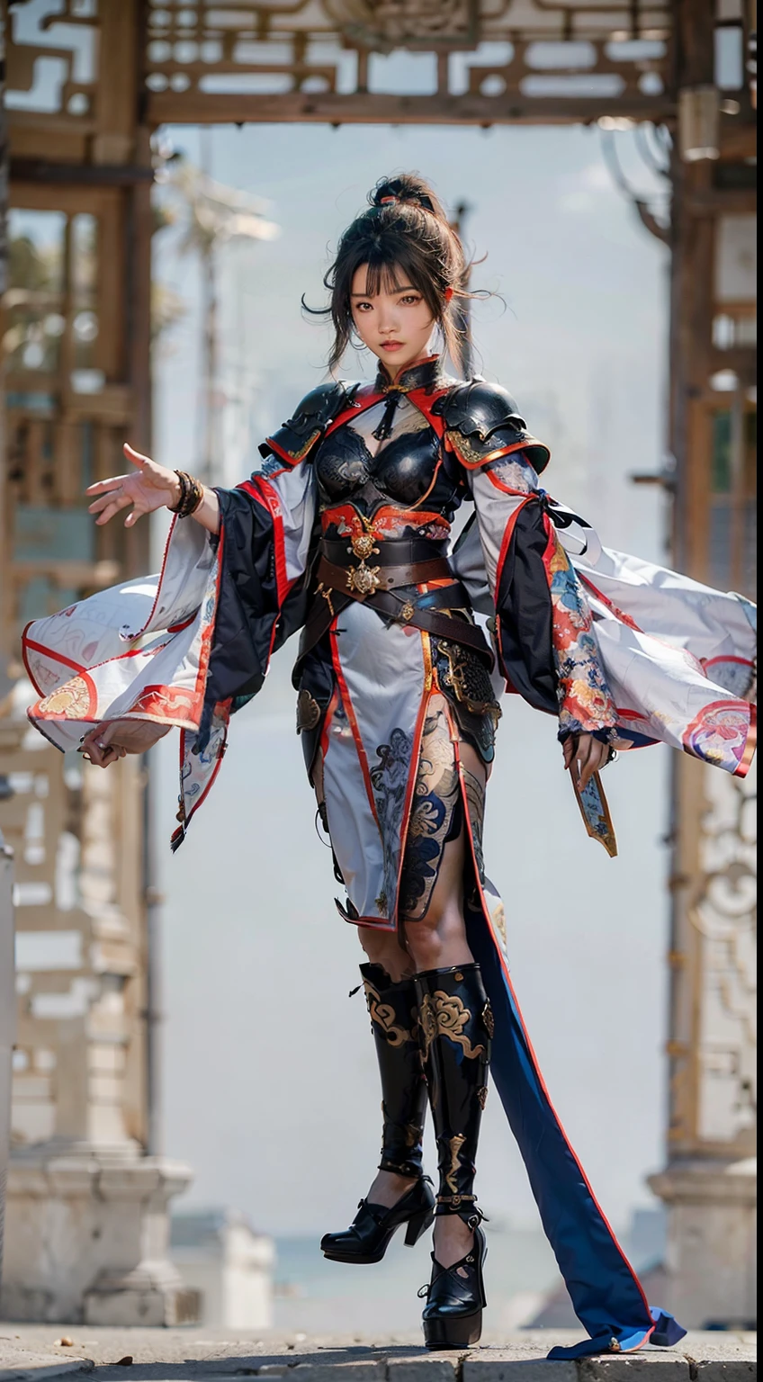 Ancient Chinese architecture,Female warrior of national style,Wear revealing armor,Simple clothing, Minimalist style,Mixed Chinese and American races,The background is blurred out,focal,电影灯光,(((tmasterpiece))), ((best qualtiy)), ((Complex and detailed)), ((ultra-realistic realism)), Ridiculous resolution, A MILF, Mature woman, ssee-through, highly detailed, illustratio, 1girll, (mediuml breasts), Thin waist and thick hips,long leges,beatiful detailed eyes, short detailed hair, brunette color hair, a purple eye, blackstockings,lacy clothing,with faintly visible,Cool armor,The body proportions are perfect,(No underwear:1.2),detailed back ground, perfect eyes, Seductive eye, (nice hand),Detail hands,looking at viewert,From the front,Wear light,juicy legs,deep v big breasts,Tattooed with